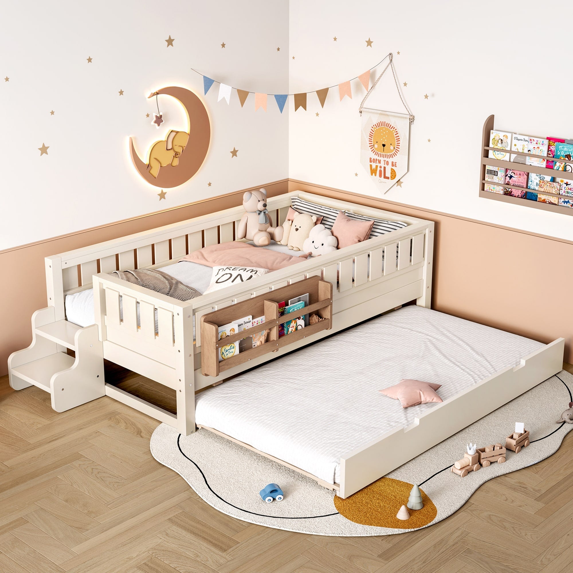 Full Twin Size Wood Bed With Built In Bookshelves And Storage Staircase Safety Rails And Trundle Bed