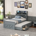 Full Twin Size Wooden Bed With Storage Headboard With Outlets Extendable Bed With Twin Size Trundle With Two Storage Drawers