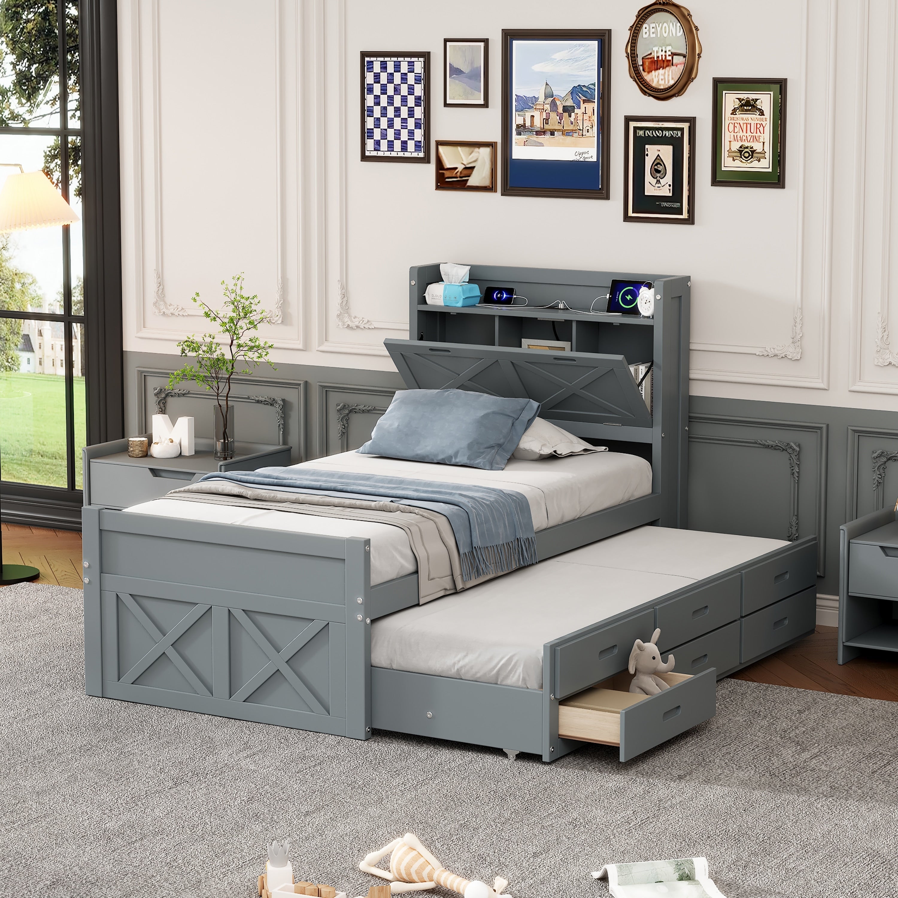 Full Twin Size Wooden Bed With Storage Headboard With Outlets Extendable Bed With Twin Size Trundle With Two Storage Drawers
