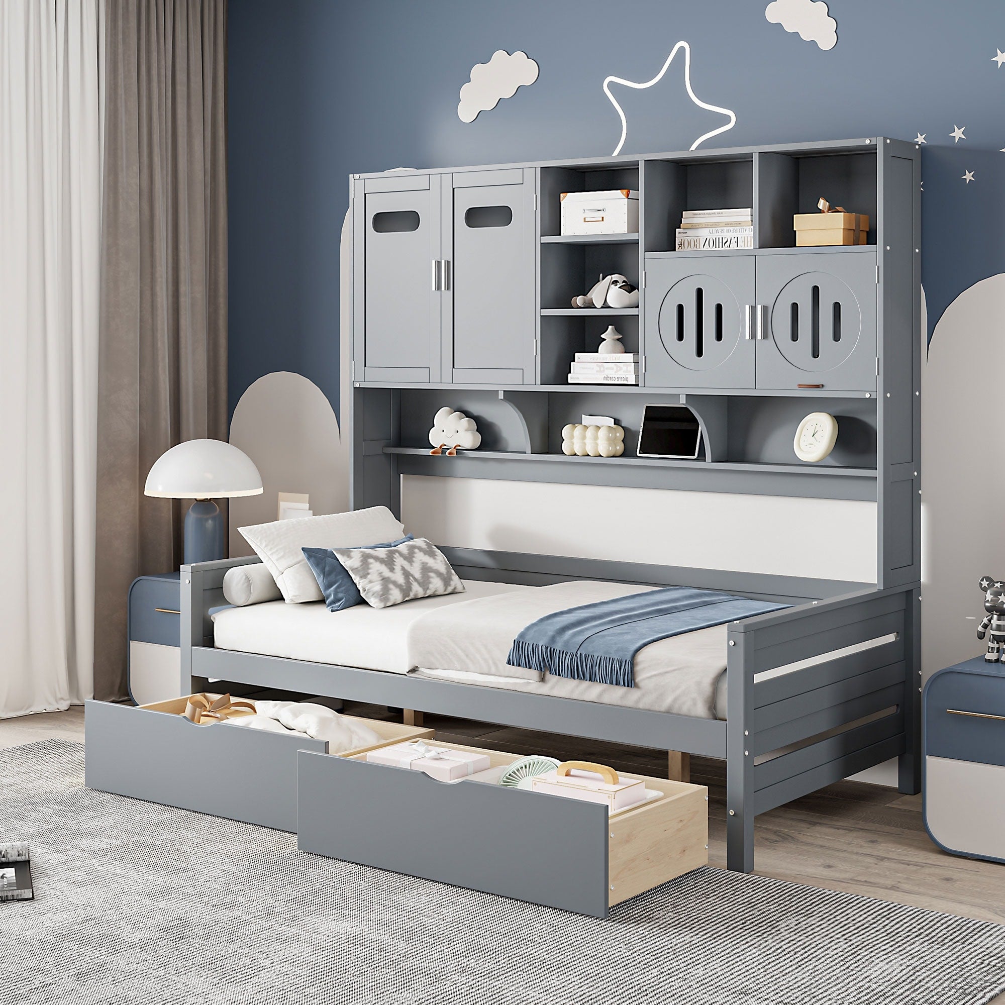 Full Twin Size Wooden Daybed With 2 Drawers And All In One Cabinet And Shelf