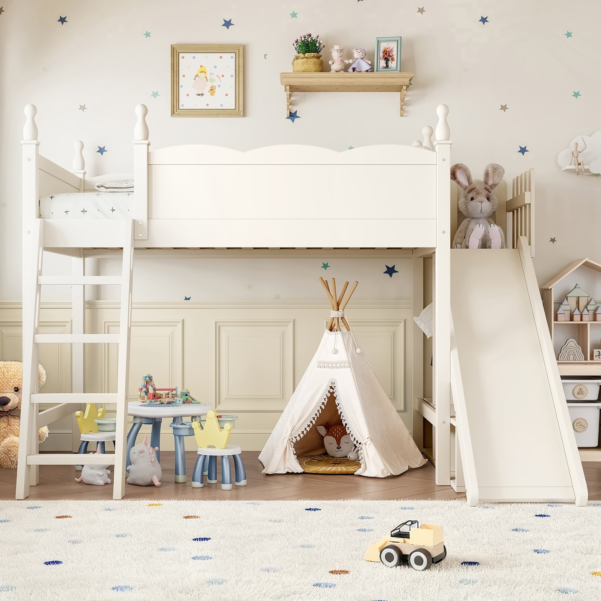 Full Twin Wood Loft Bed With Wardrobe And Storage Shelves Detachable Slide And Ladders No Box Spring Needed