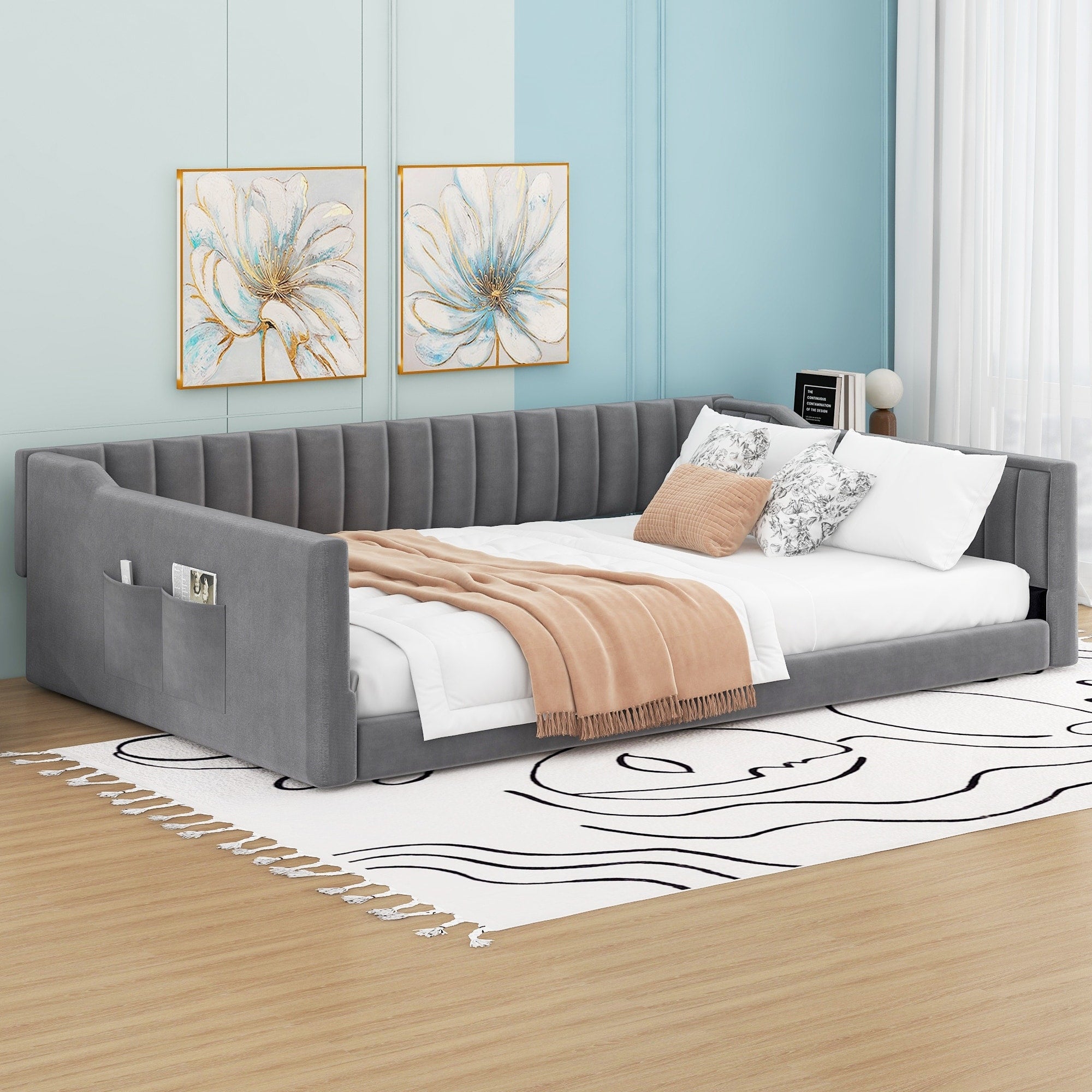 Full Upholstered Daybed Platform Bed Frame With Side Storage Pocket
