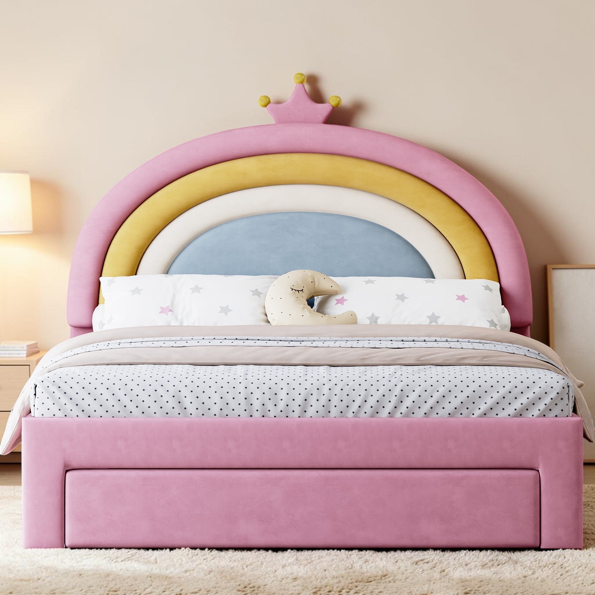 Full Velvet Upholstered Rainbow Bed With Storage Drawers Princess Platform Bed No Box Spring Needed