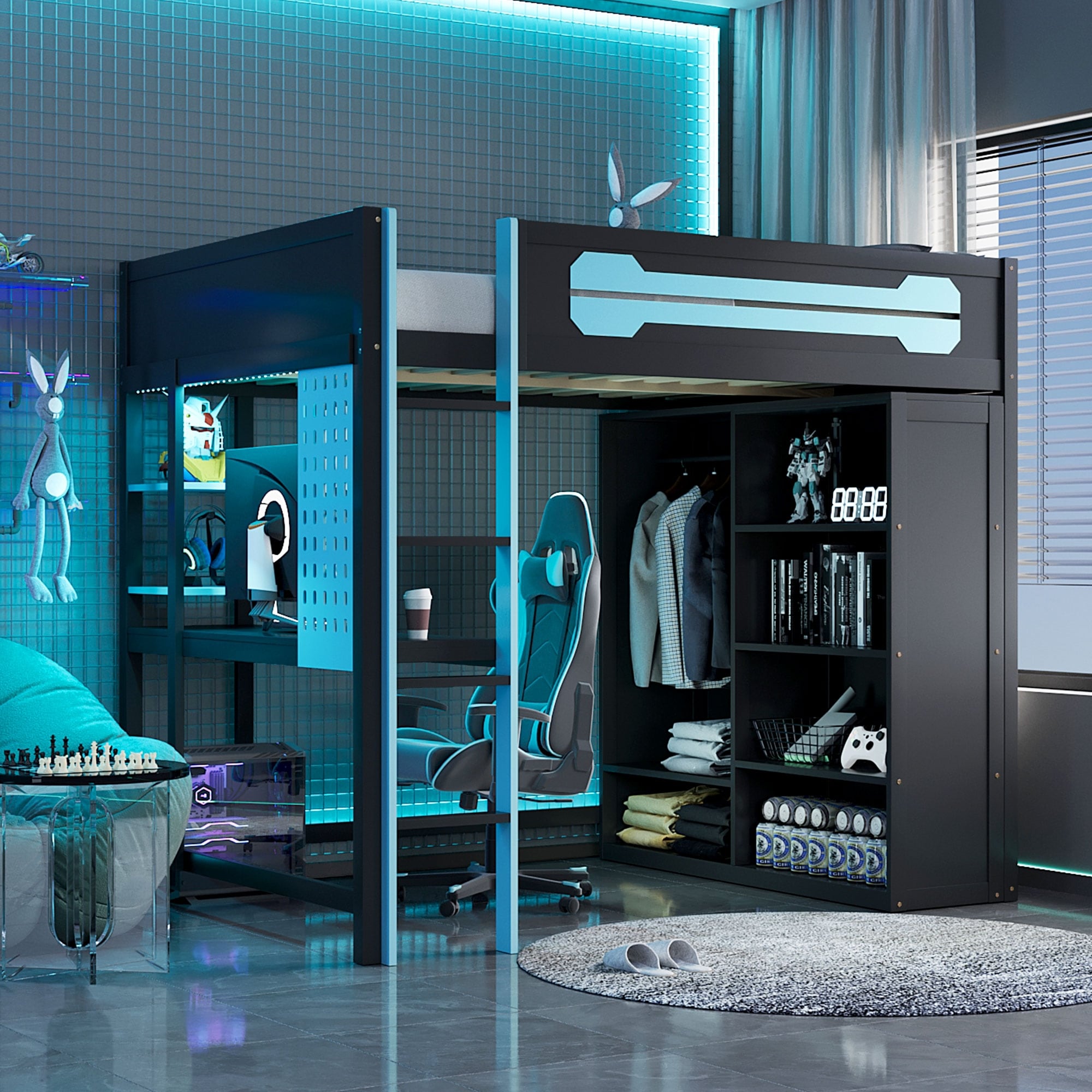 Full Wood Loft Bed With Desk Open Wardrobe Rgb Lighting
