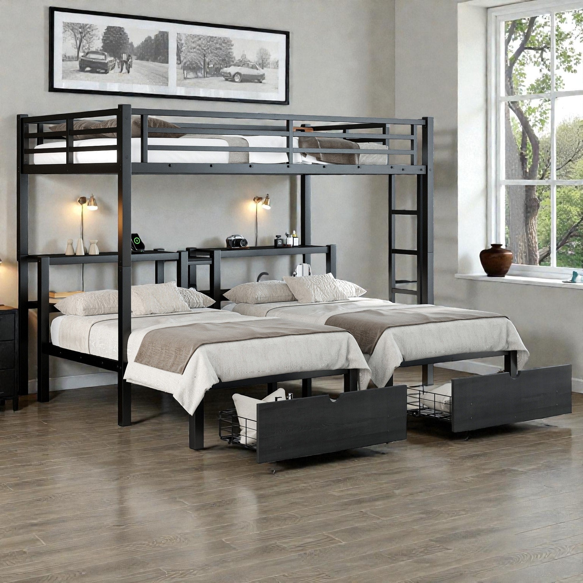 Full Xl Over Twin Twin Triple Bunk Bed With Drawers Metal Frame With Shelving Headboard And Usb Ports
