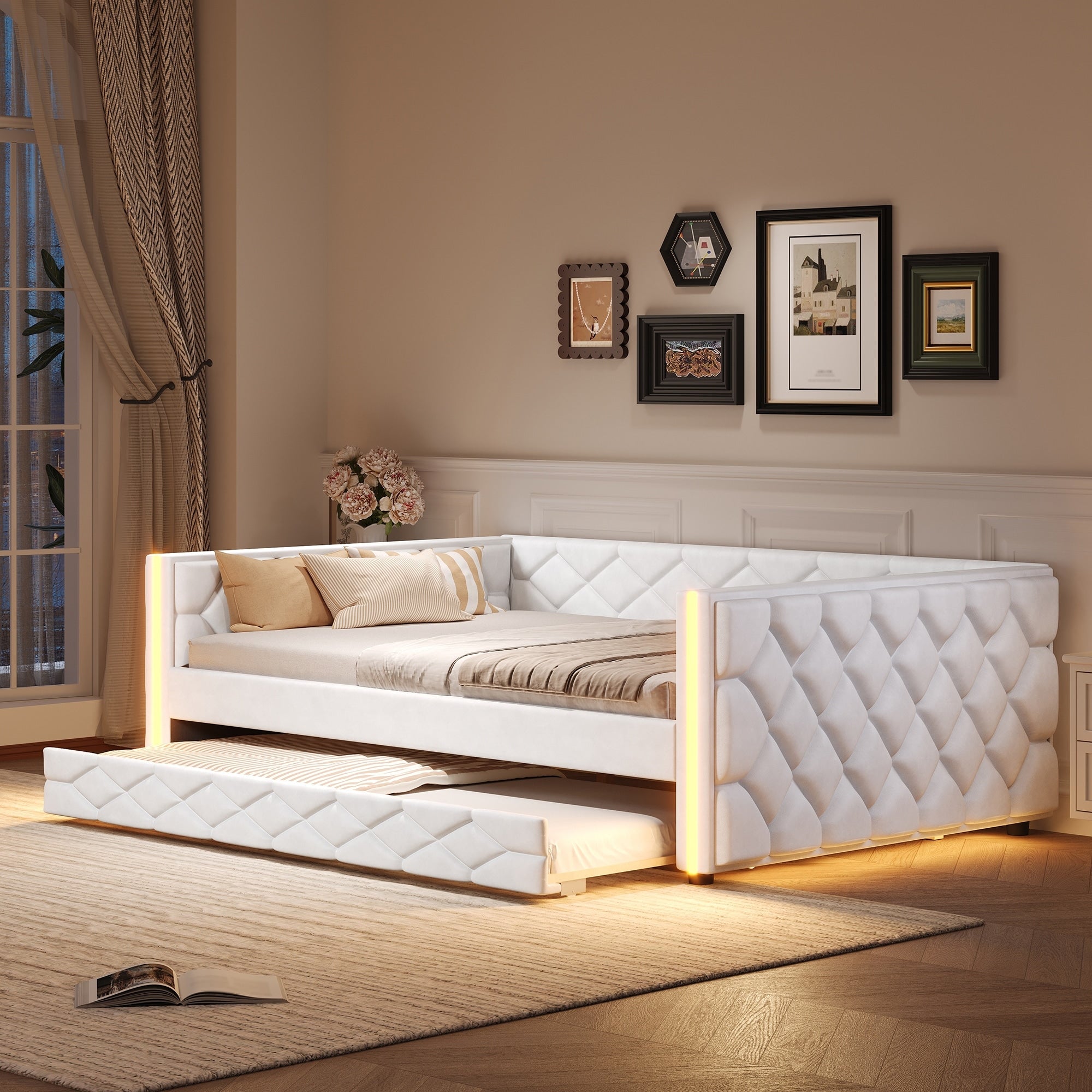 Full Xl Size Upholstered Daybed With Trundle And Led White