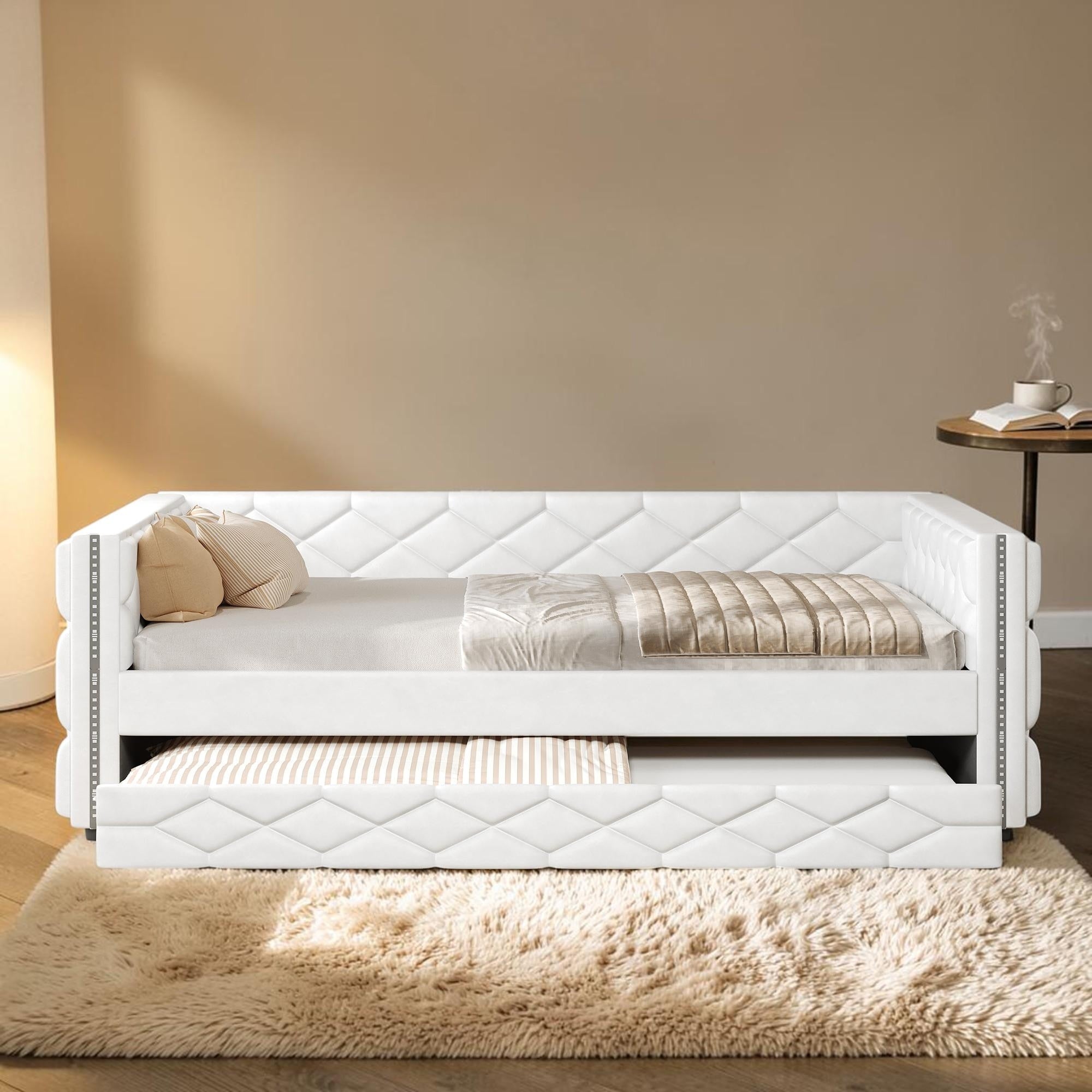 Full Xl Upholstered Daybed With Trundle And Led Lights Pu Leather Sofa Bed Frame No Box Spring Needed