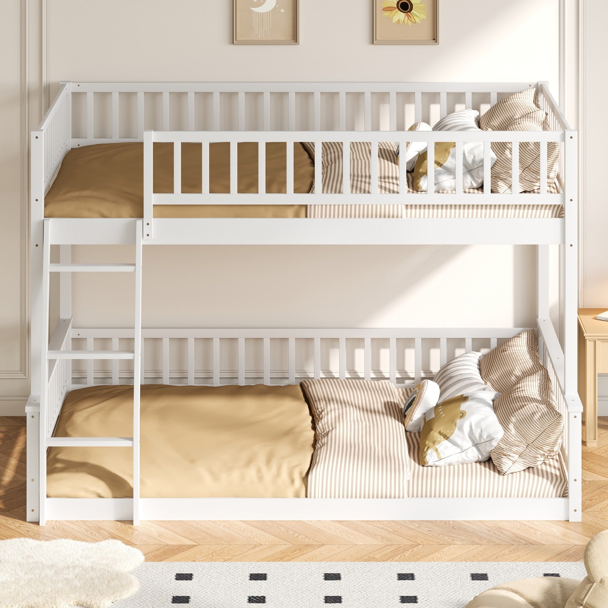 Full Xl Over Queen Bunk Bed With Ladder Guardrails Sturdy Stackable Bed Frame