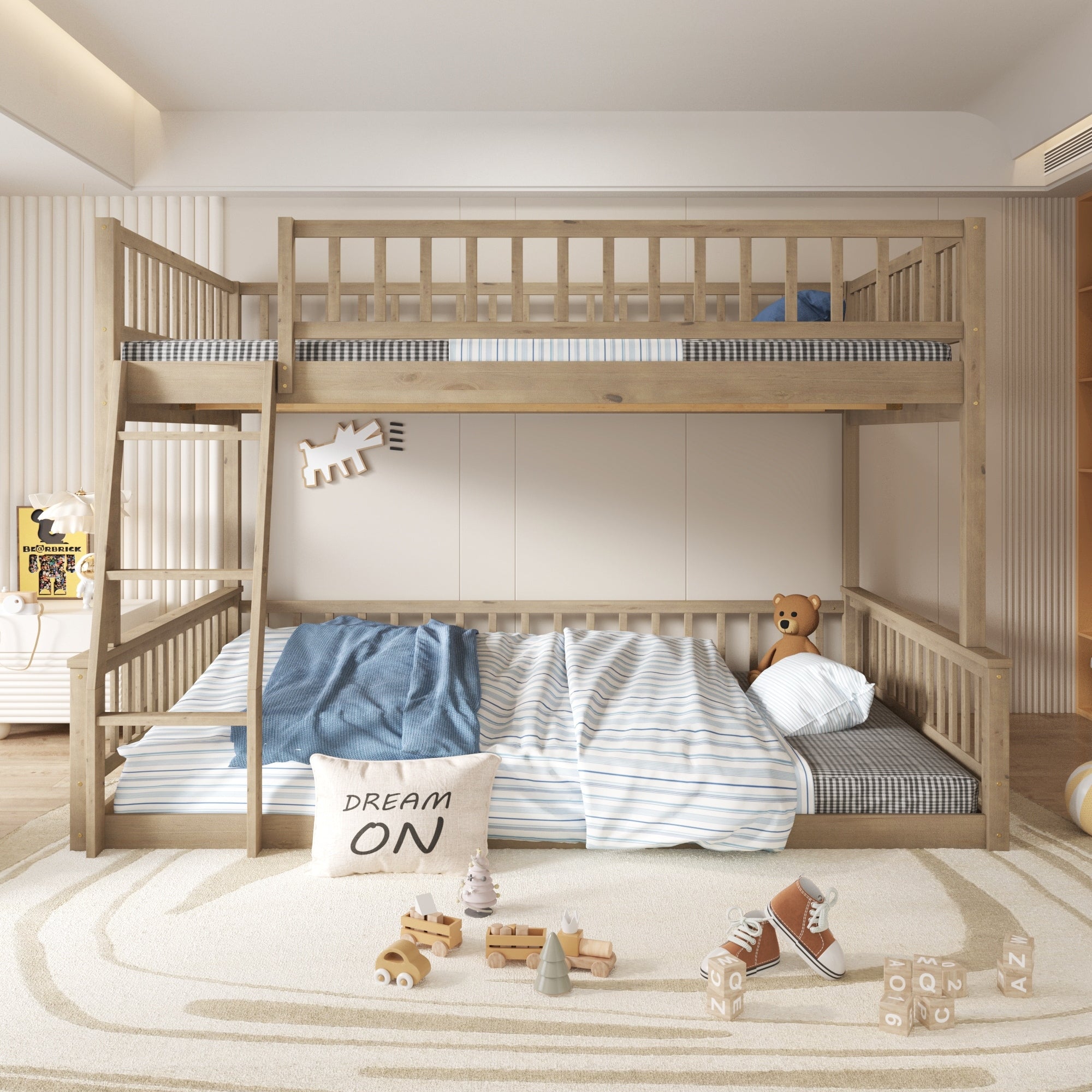 Full Xl Over Queen Bunk Bed With Ladder Guardrails Solid Wood