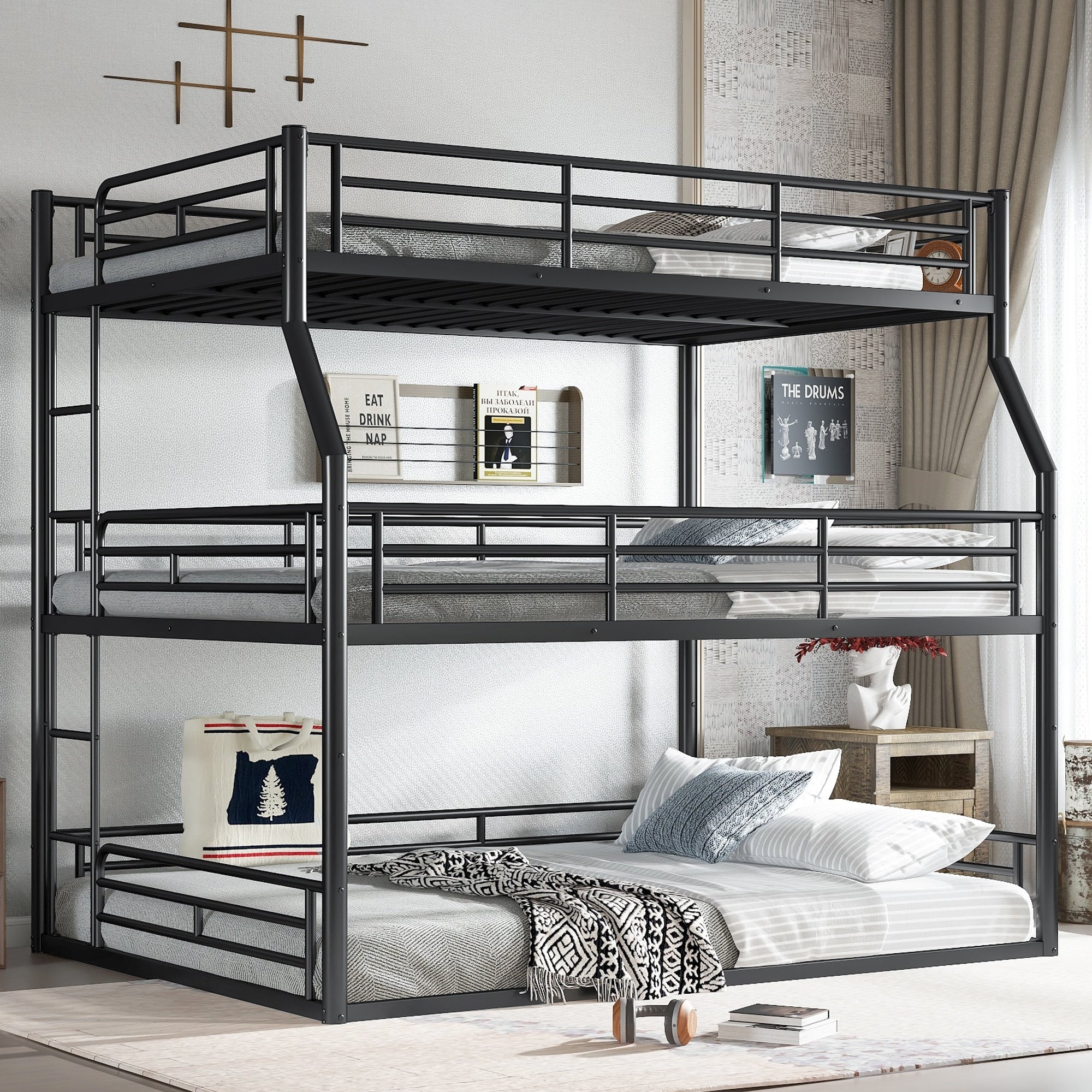 Full Xl Over Queen Over Queen Bunk Bed Metal Triple Bunk Bed With Safety Guardrails Bunk Bed With Noise Reduced Design