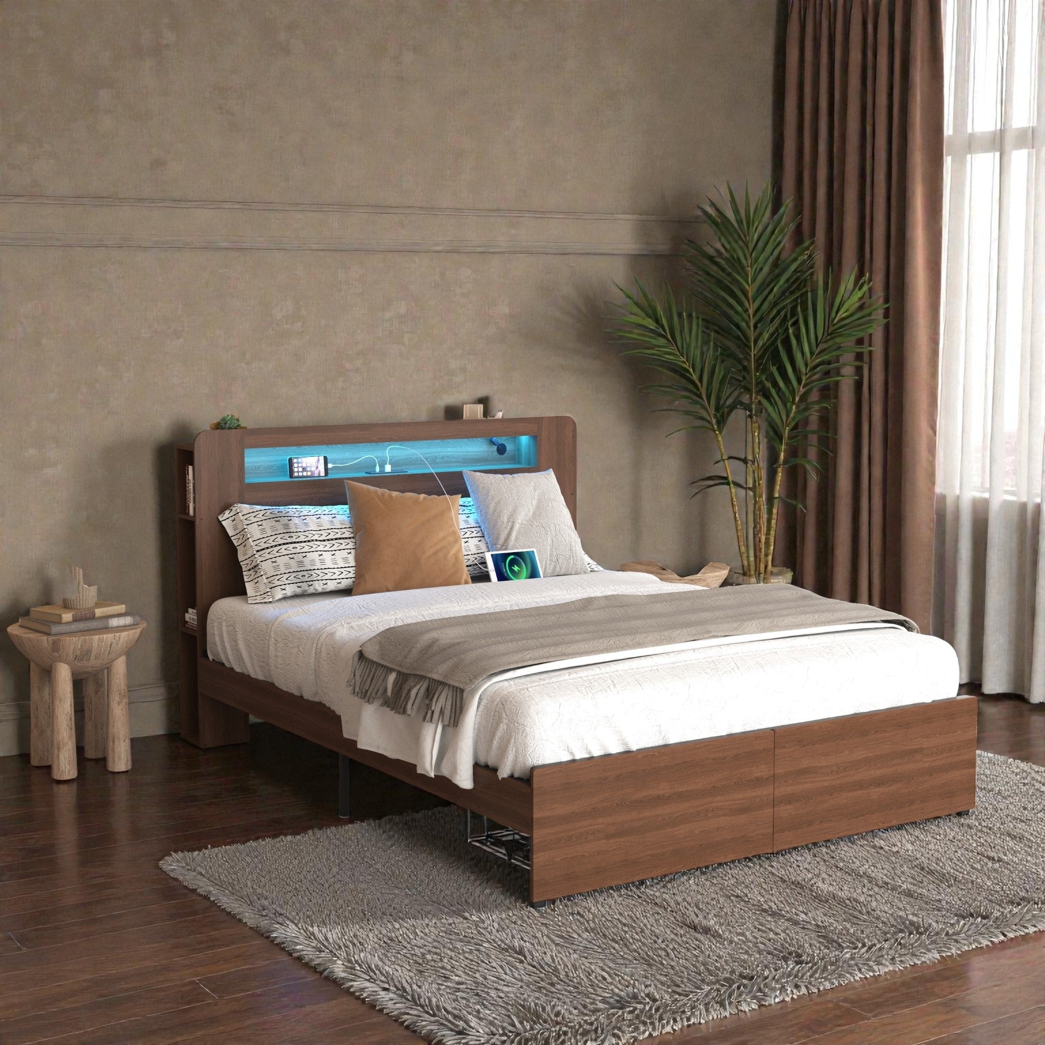 Full Or Queen Wood Platform Bed Frame With Led Storage Headboard Drawers Charging Station No Box Spring Needed