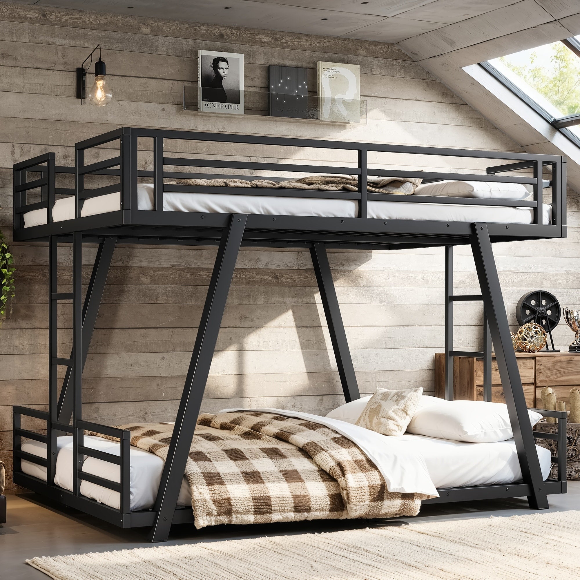 Full Over Full Bunk Bed With 2 Side Ladders Metal Bunk Bed With Spdcial Support Leg Design Low Profile Bunk Bed Black
