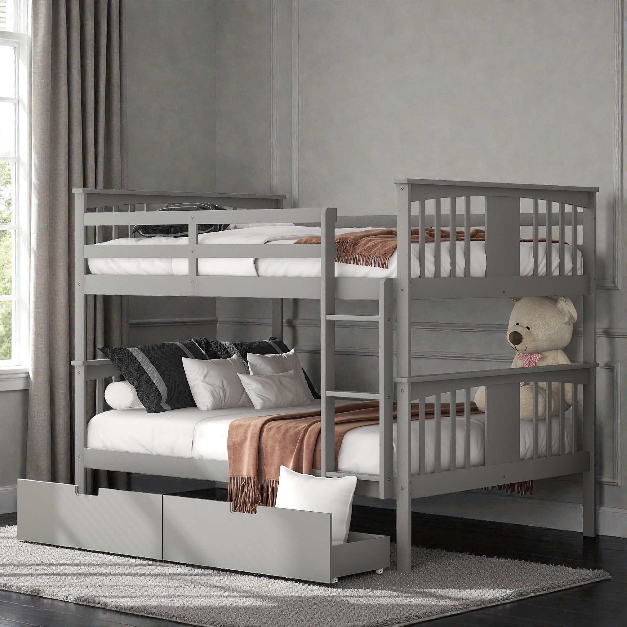 Full Over Full Bunk Bed With Drawers And Ladder Solid Wood Bunk Frame With Storage For Bedrooms And Guest Rooms