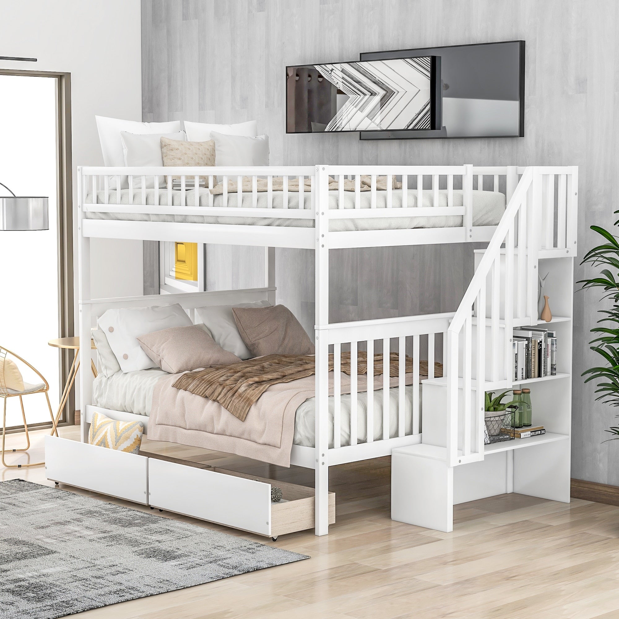 Full Over Full Bunk Bed With Storage Drawers Safety Rails