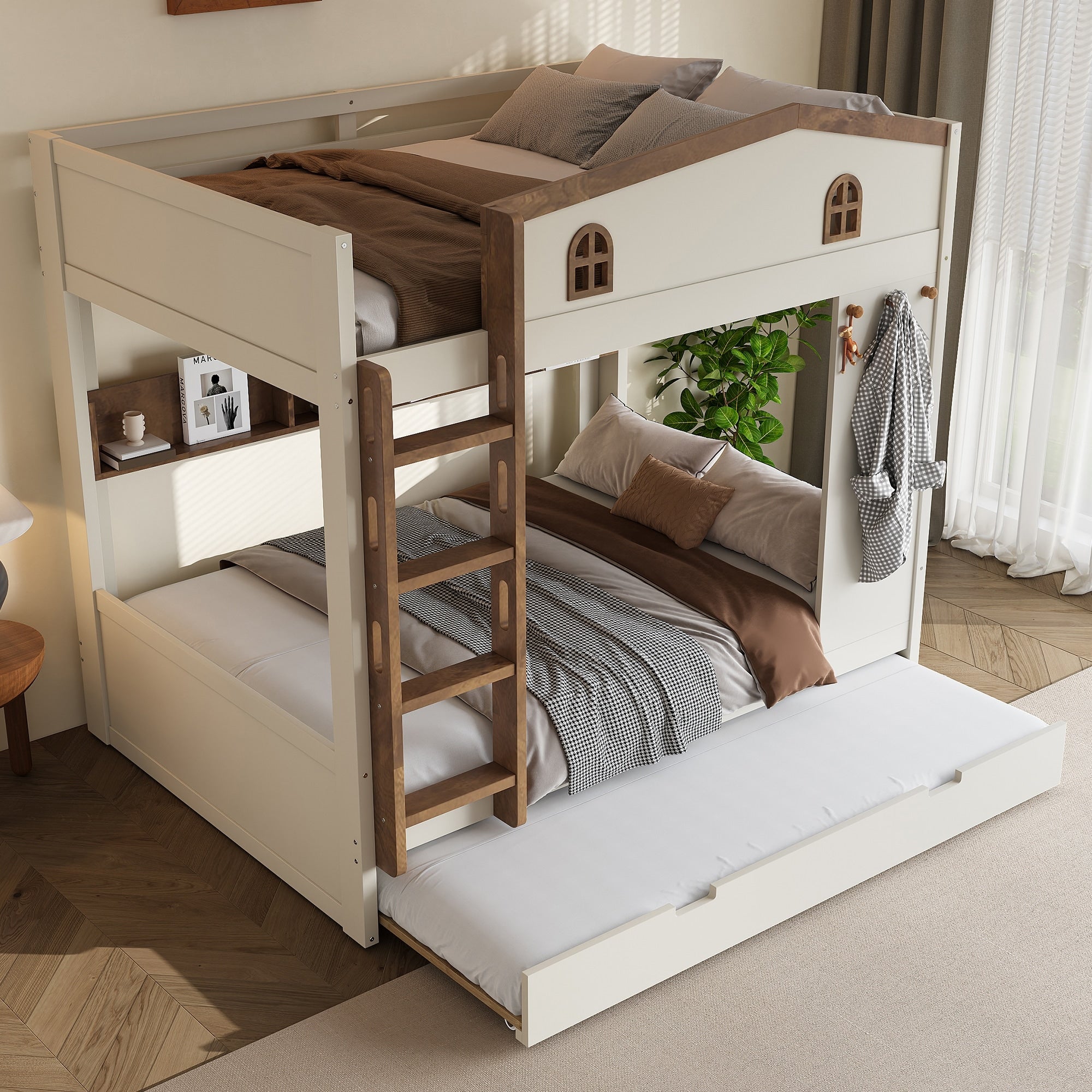 Full Over Full Bunk Bed With Trundle And Storage Shelves Solid Wood Bunk Beds With Hooks No Box Spring Needed