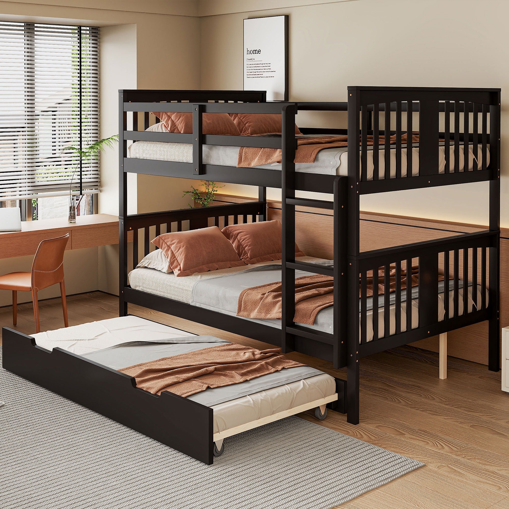 Full Over Full Bunk Bed With Twin Trundle Ladder And Solid Wood Frame