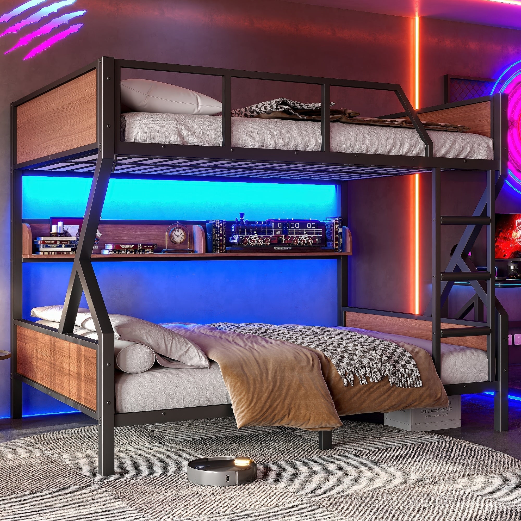 Full Over Full Bunk Bed Metal Bunk Bed With Storage Shelves And Lights Space Saving Noise Free Design Black