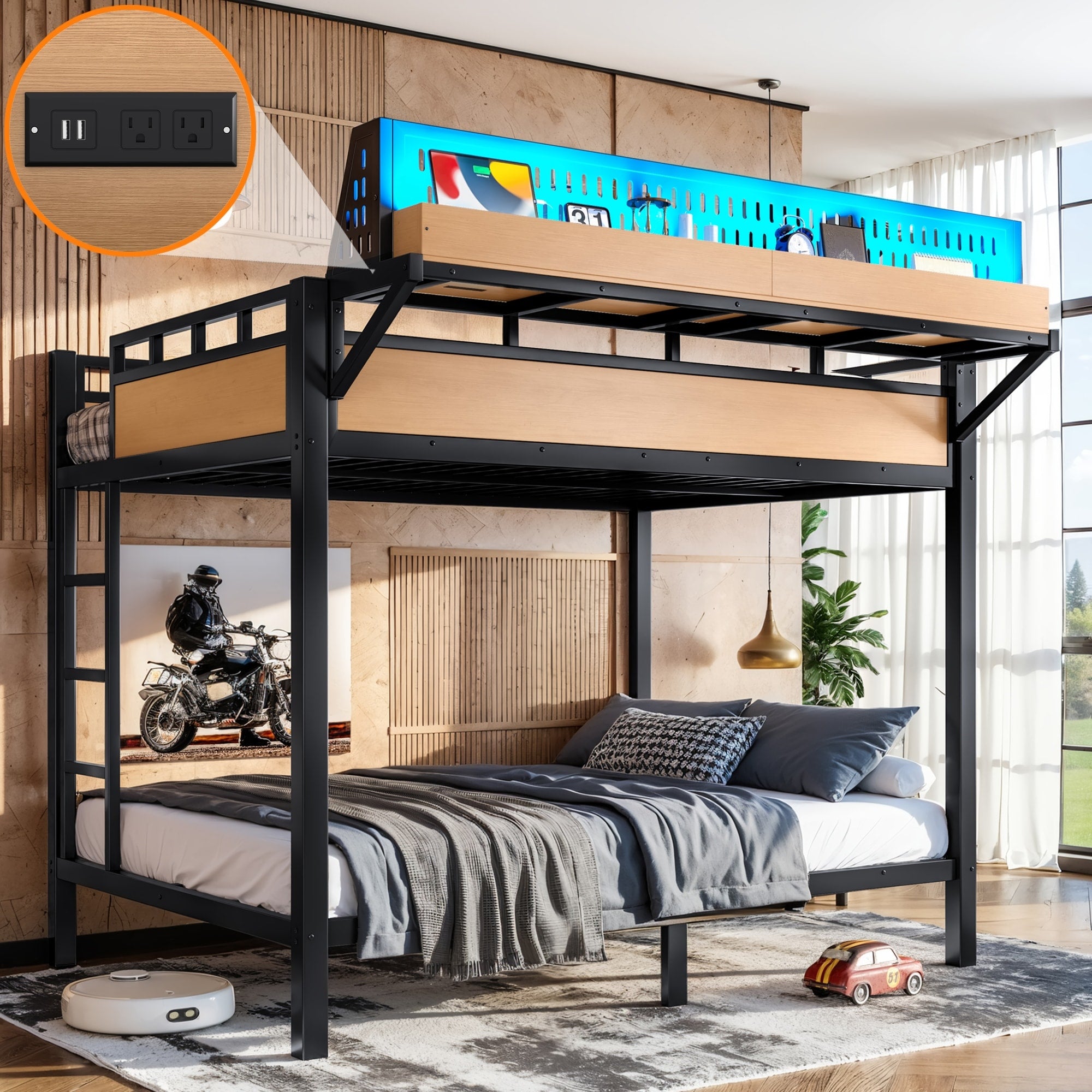 Full Over Full Size Metal Bunk Bed With Storage Shelves And Pegboard Bunk Bed Frame With Usb Ports And Led Lights Space Saving