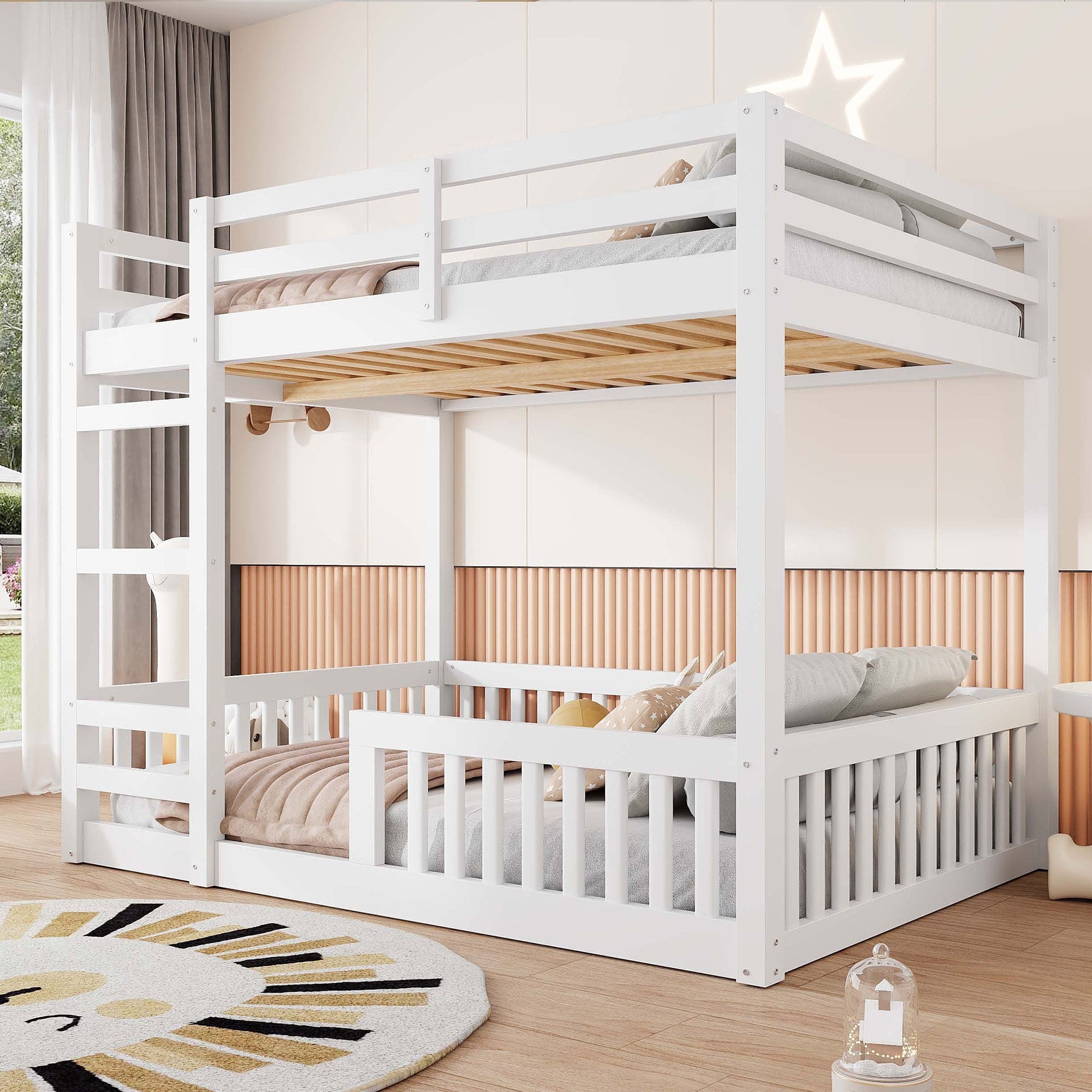 Full Over Full Wood Bunk Bed With Ladder And Guardrails No Box Spring Required