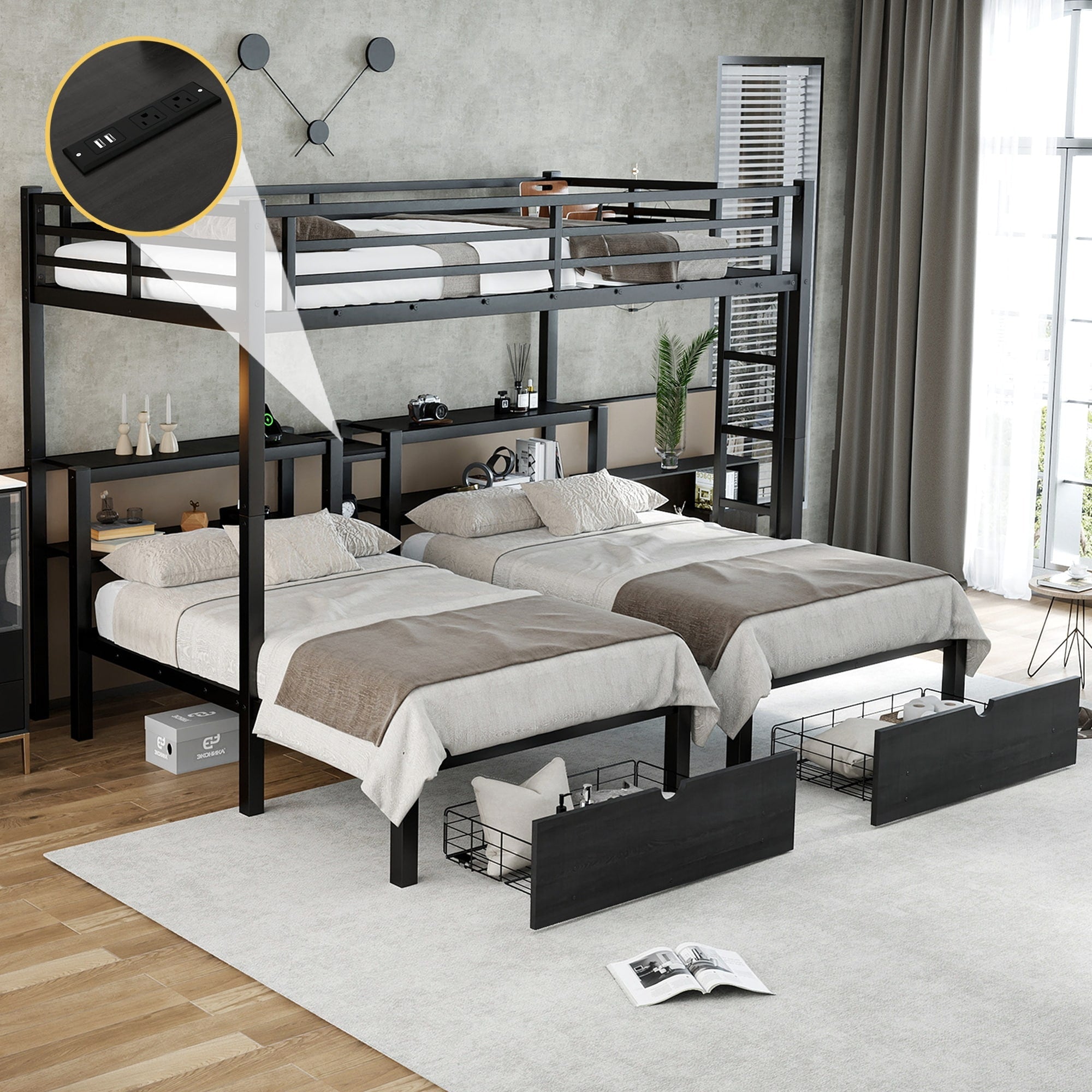 Full Over Twin Bunk Bed With Drawers Space Saving Metal Loft Bed With Shelves Usb Ports