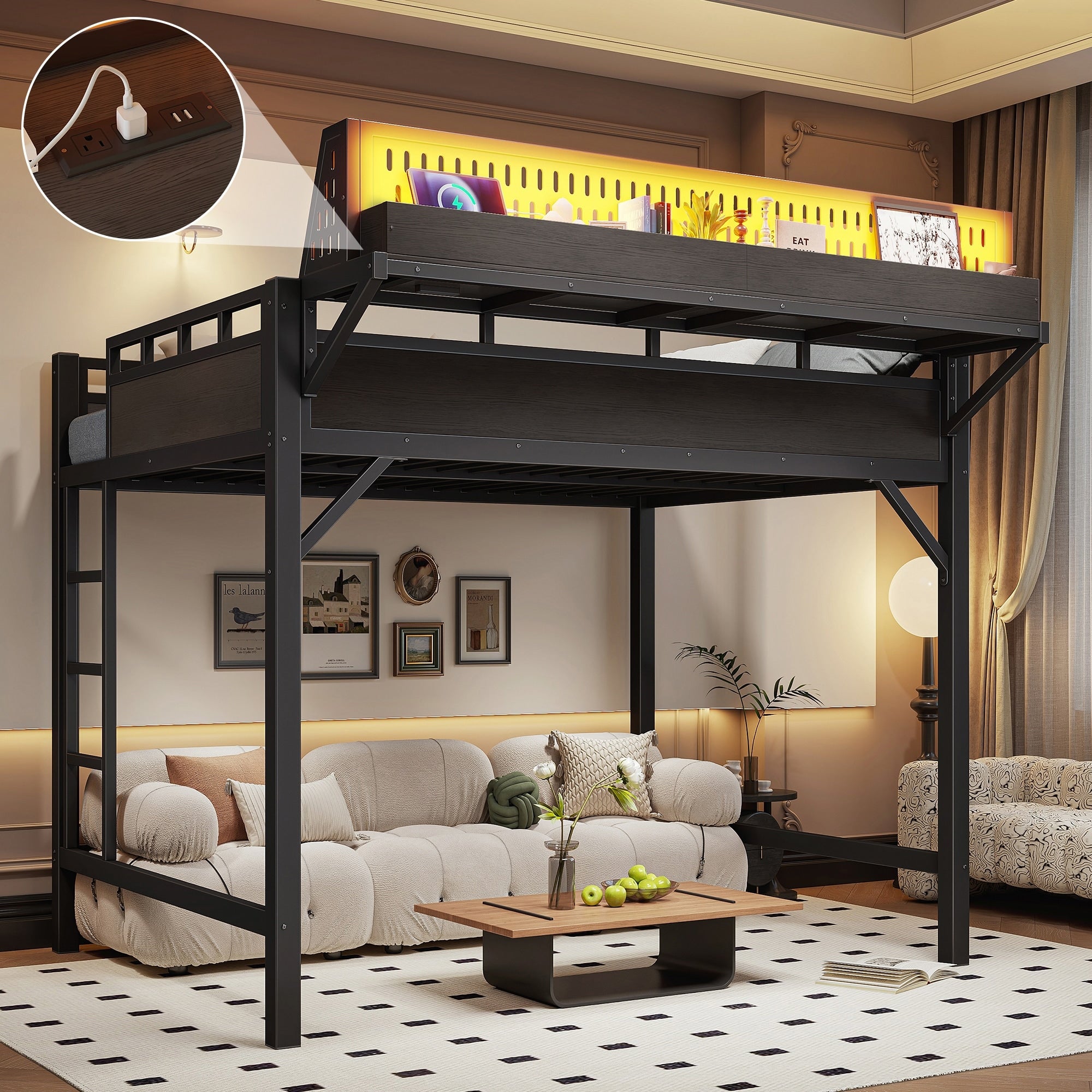 Full Size Loft Bed Frame With Storage Shelves And Pegboard Metal Loft Bed With Usb Ports And Led Lights Safe And Sturdy