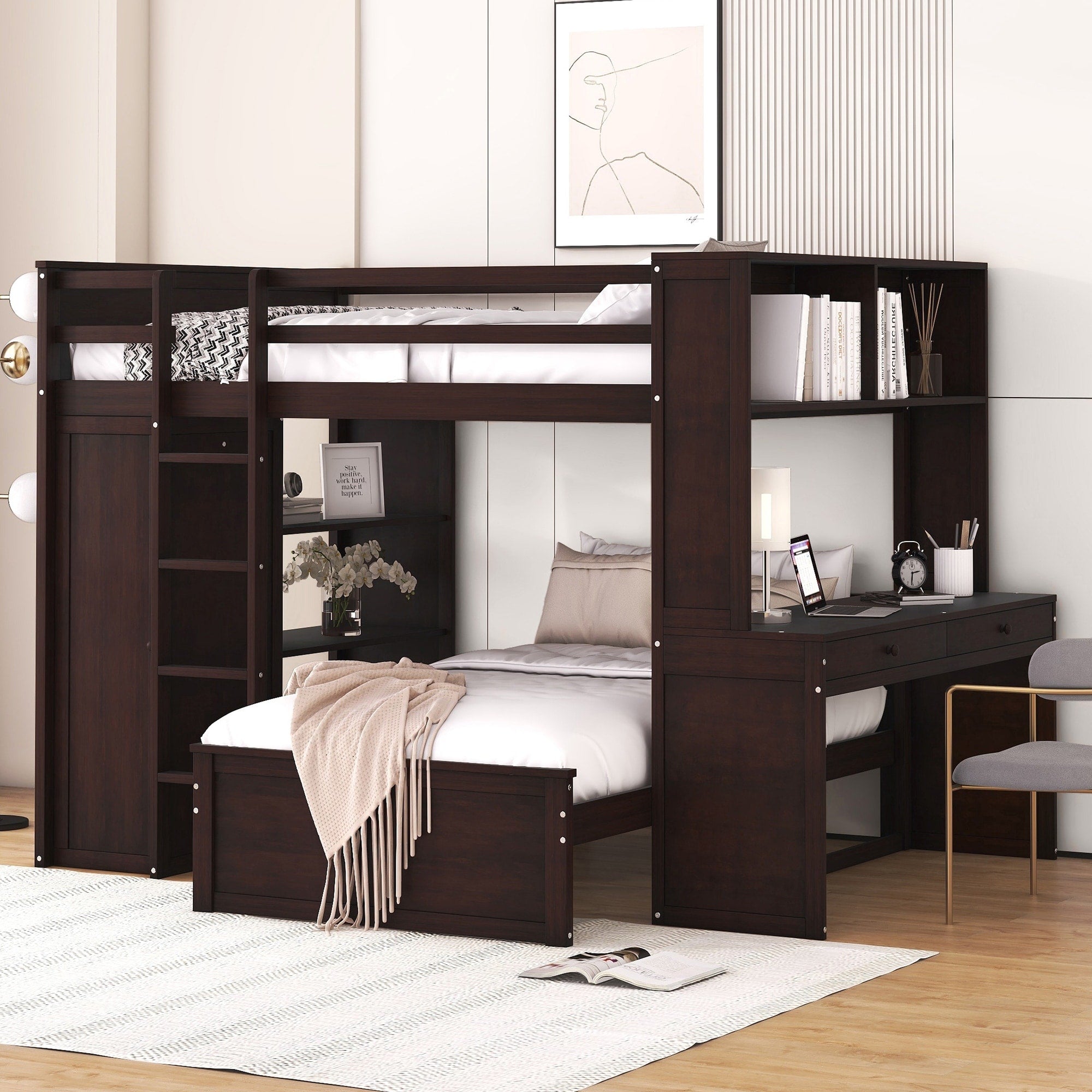 Full Size Loft Bed With A Twin Size Stand Alone Bed Shelves Desk And Wardrobe Espresso