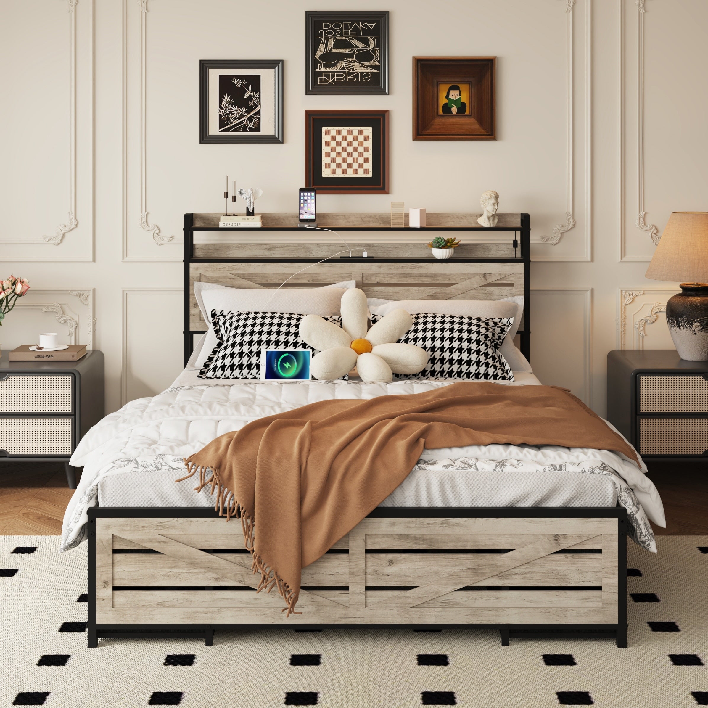 Full Size Bed Frame With Storage Headboard And 12 Drawers With Led Lights