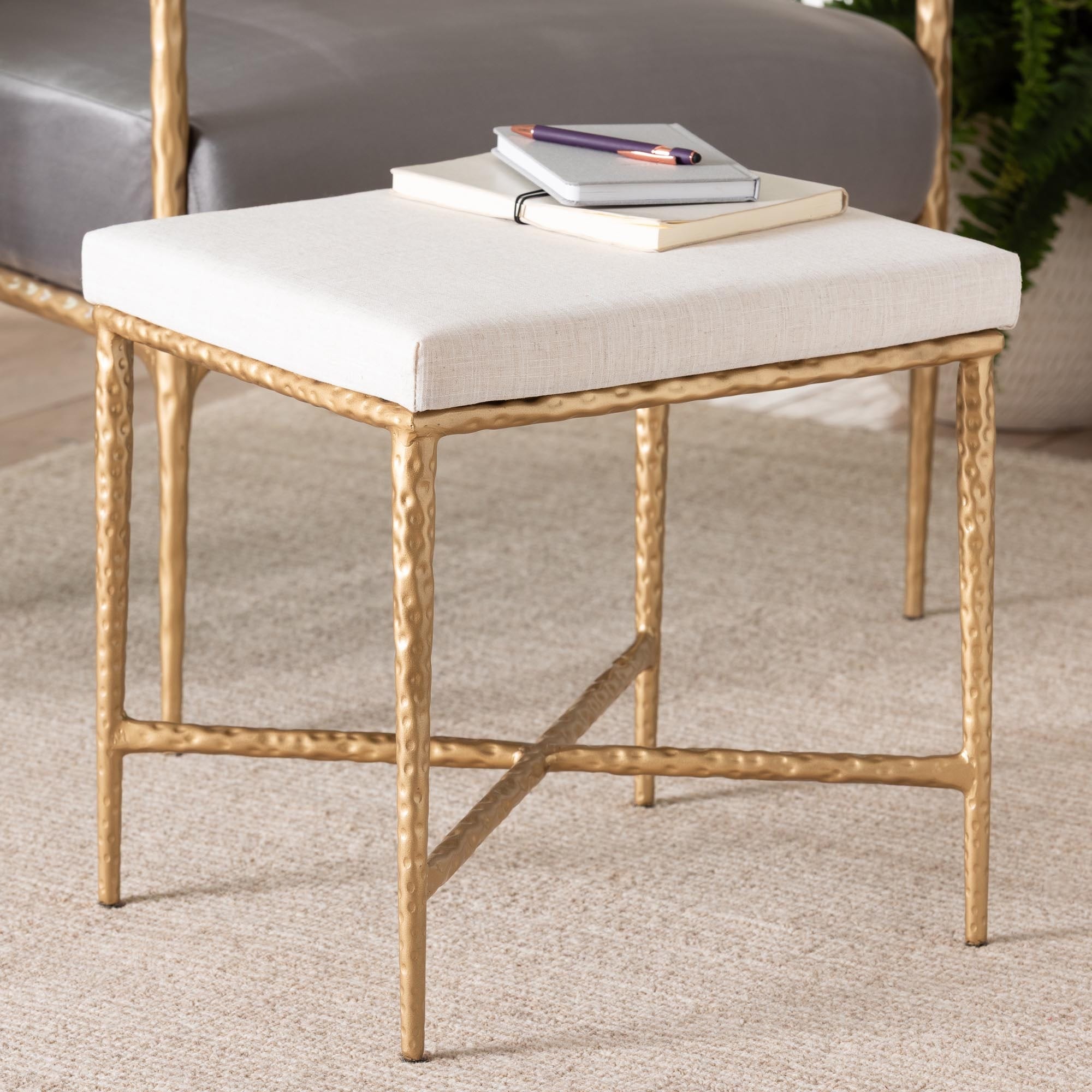 Fumiye Ottoman Modern Rustic Accent Stool With Hand Forged Metal Frame And Upholstered Seat For Living Room Or Sitting Room