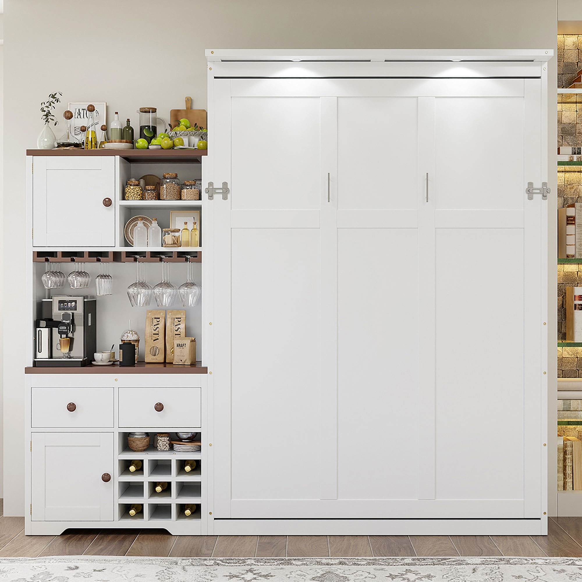 Functional Queen Murphy Bed With Side Cabinet Wine Storage And Led Mood Lighting