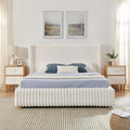 Functional Vertical Striped Bed With Gas Lift Storage Luxury Fluffy Fabric Upholstered Double Bed