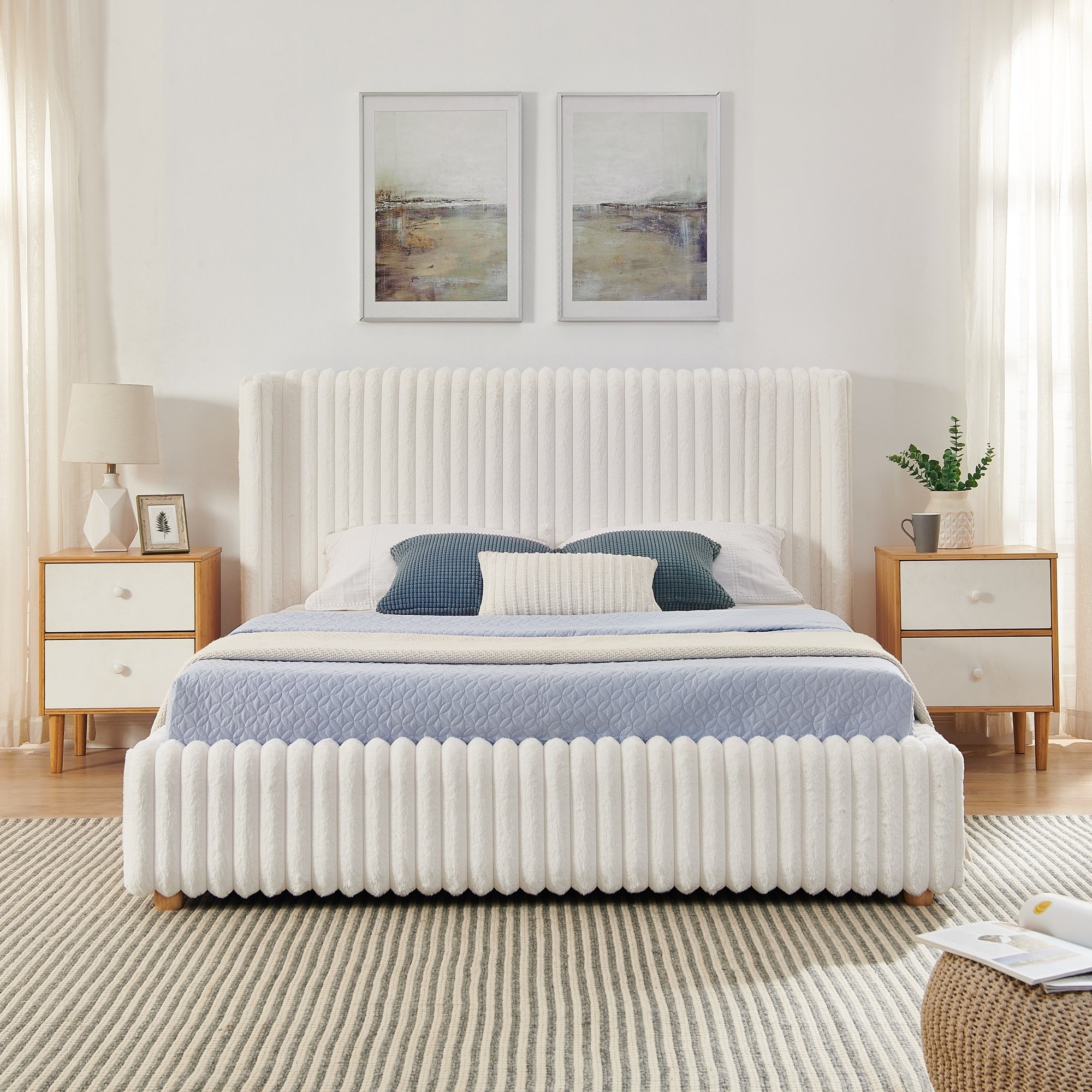 Functional Vertical Striped Bed With Gas Lift Storage Luxury Fluffy Fabric Upholstered Double Bed