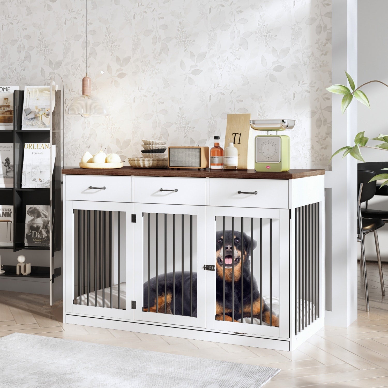 Furniture Style Dog Crate With Storage Drawers Large Dog Kennel Cabinet With Wood Top Double Door Pet Crate End Table