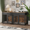 Furniture Style Double Dog Crate With Drawers 64.6 Wooden Pet Kennel End Table Removable Divider Heavy Duty Metal Bars