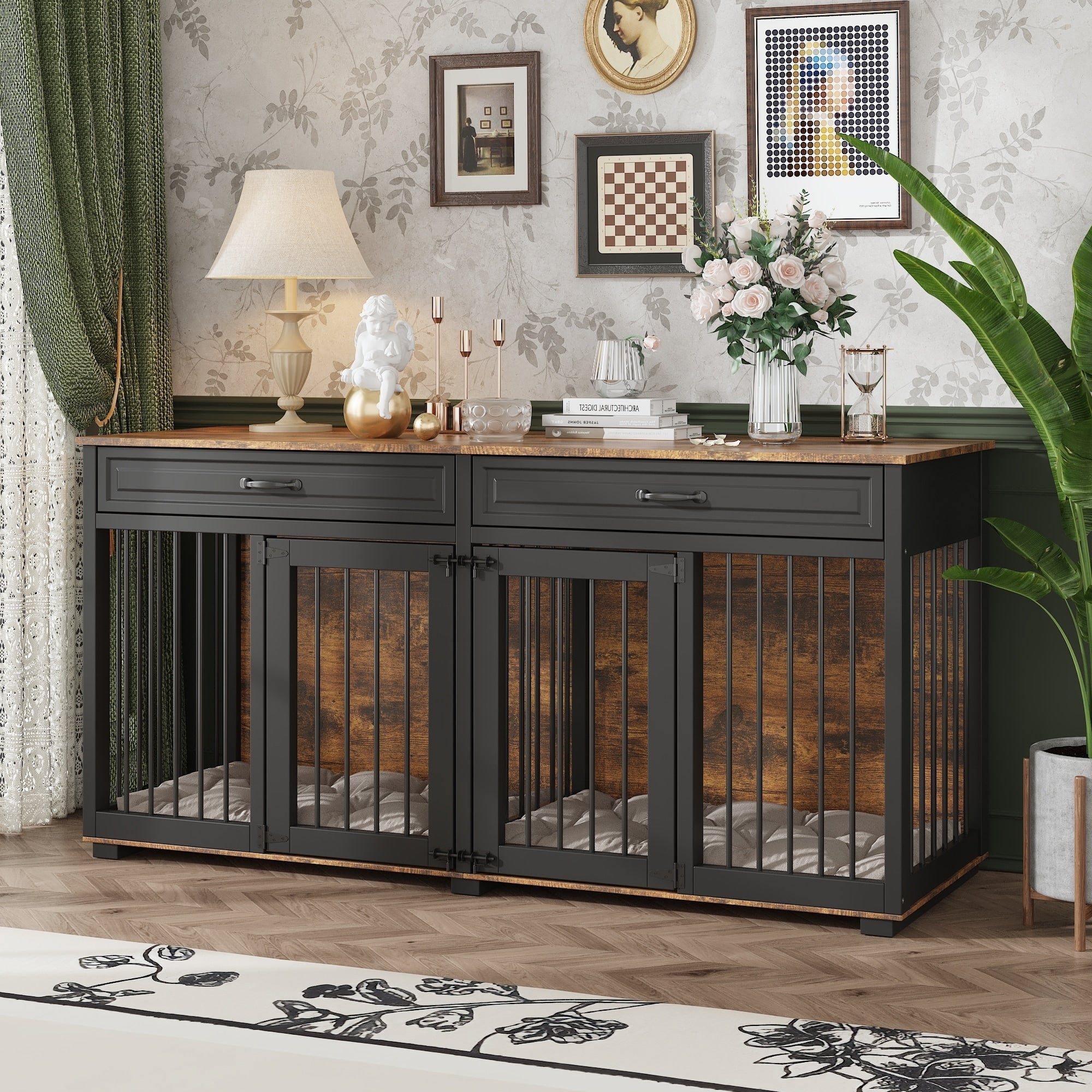 Furniture Style Double Dog Crate With Drawers 64.6 Wooden Pet Kennel End Table Removable Divider Heavy Duty Metal Bars