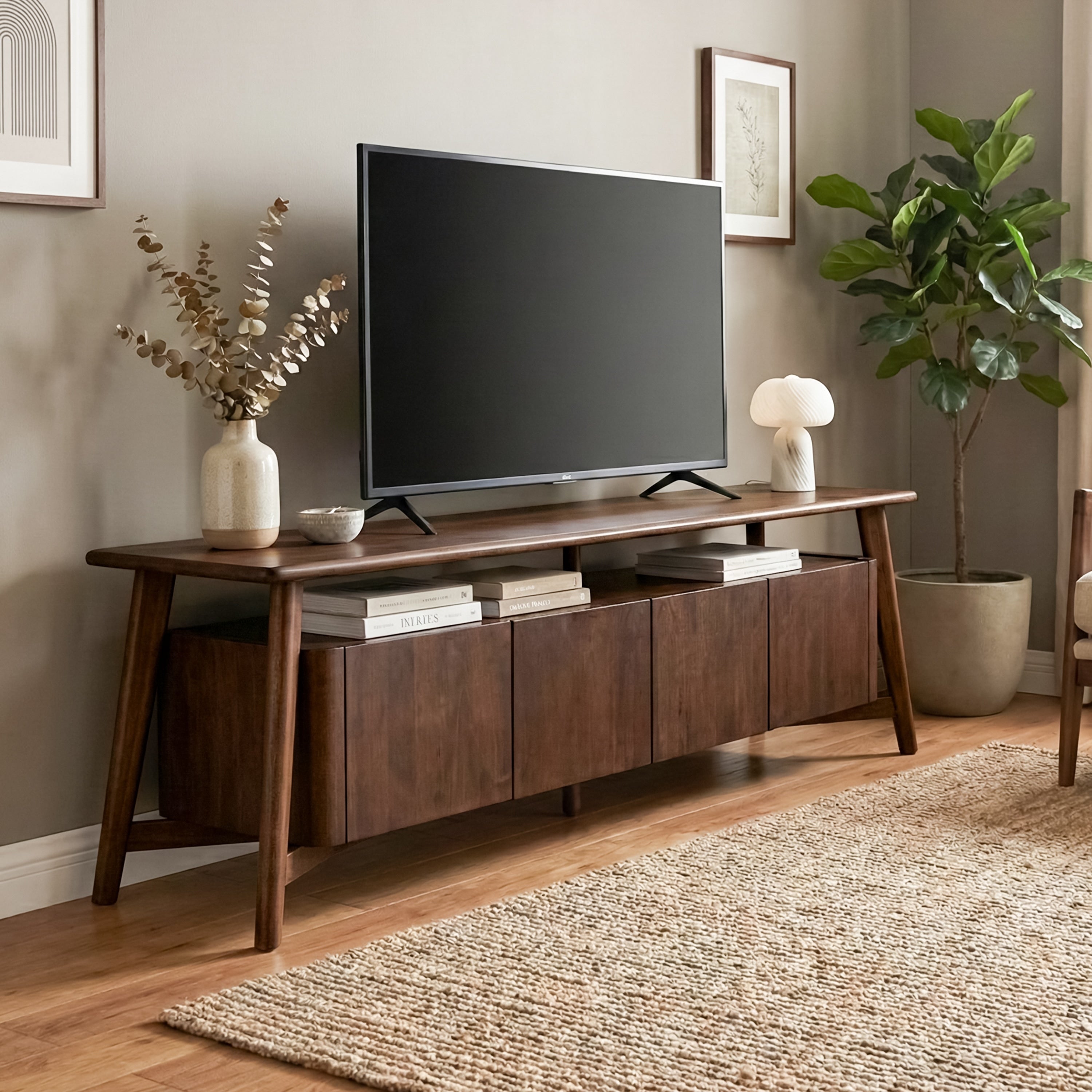 Furniture Of America Abigail Vi Mid Century Modern 71 Inch Walnut Solid Wood Tv Stand With Drawers And Cabinets