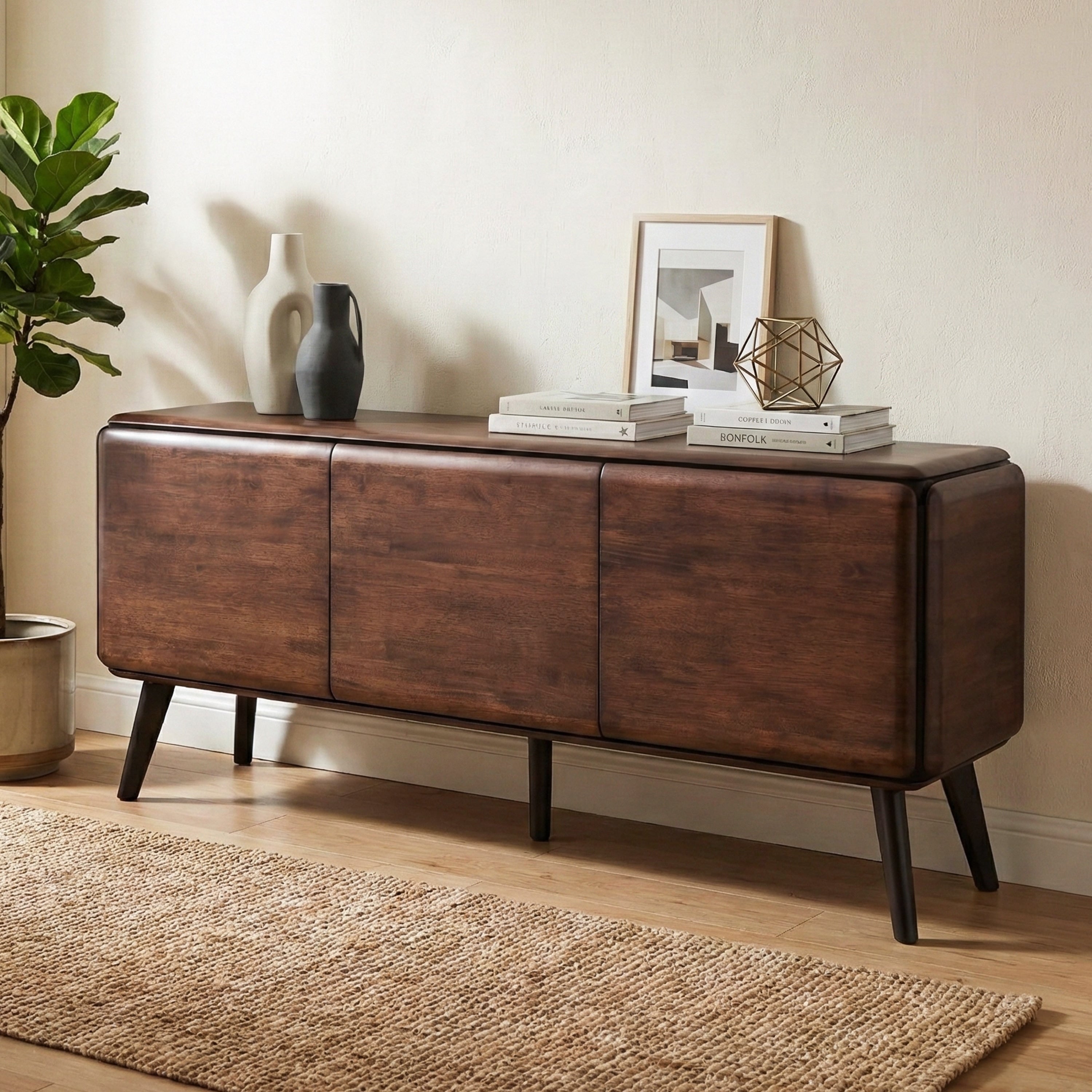 Furniture Of America Abigail Xv Mid Century Modern Walnut Solid Wood Dining Server With Hidden Drawers And Shelves
