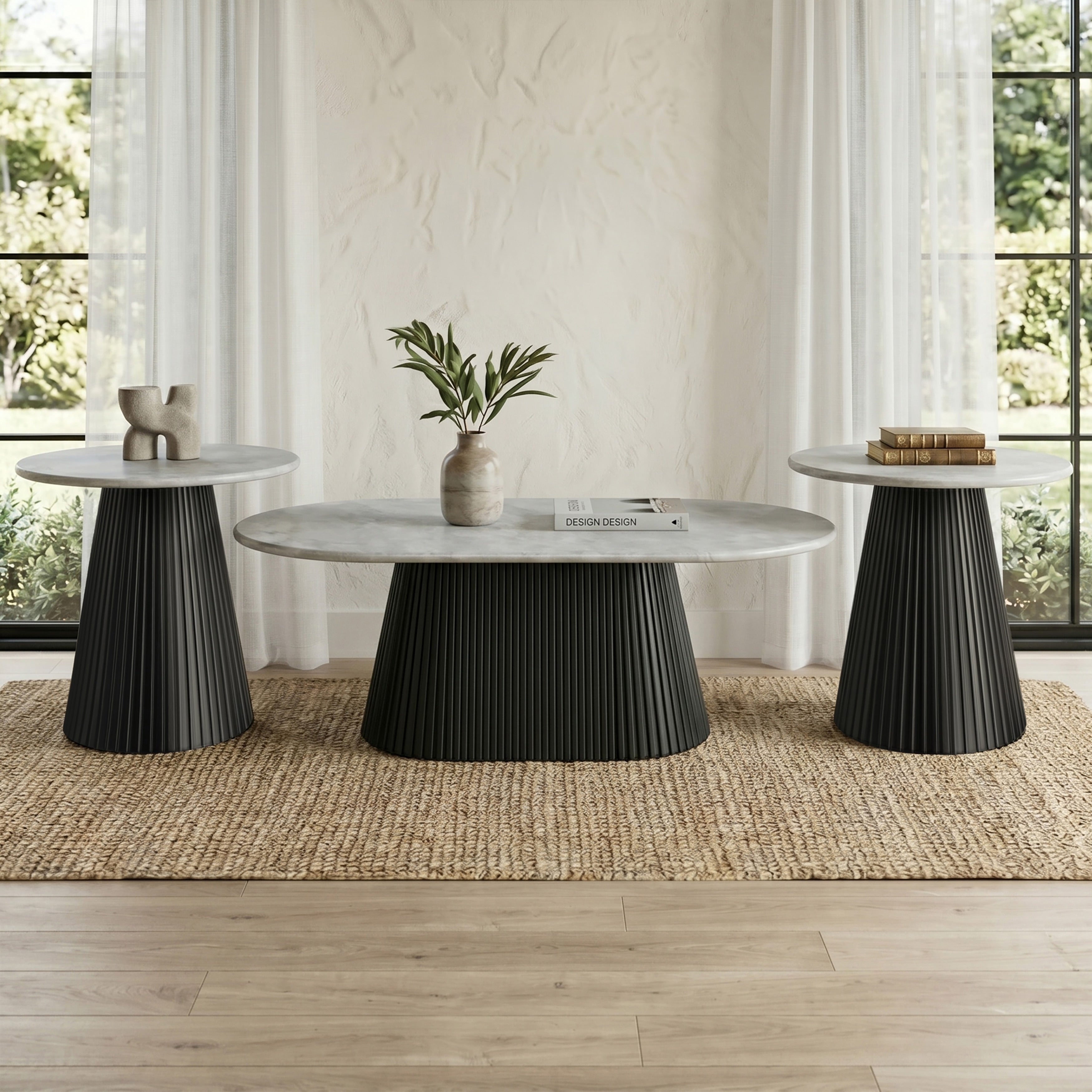 Furniture Of America Aevia Modern 3 Piece Black Wood Reeding Base Coffee Table And 2 End Tables Set With Sintered Stone Top