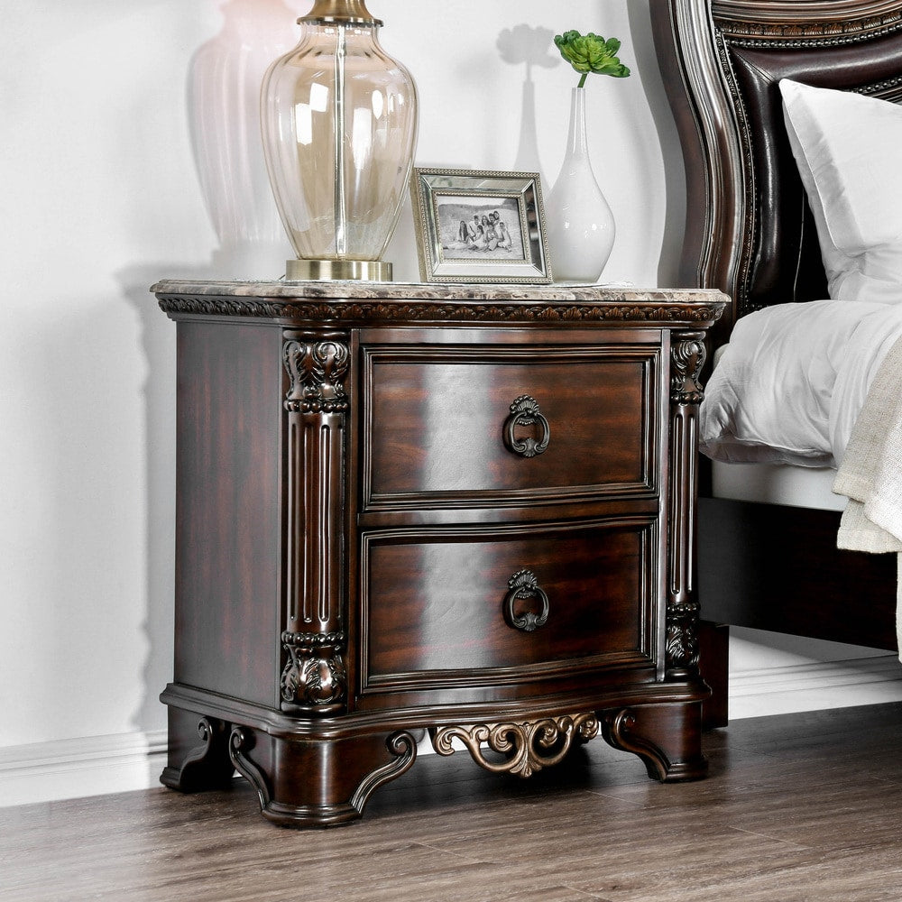 Aiden Traditional Brown Cherry Marble Top 2 Drawer Nightstand By Foa