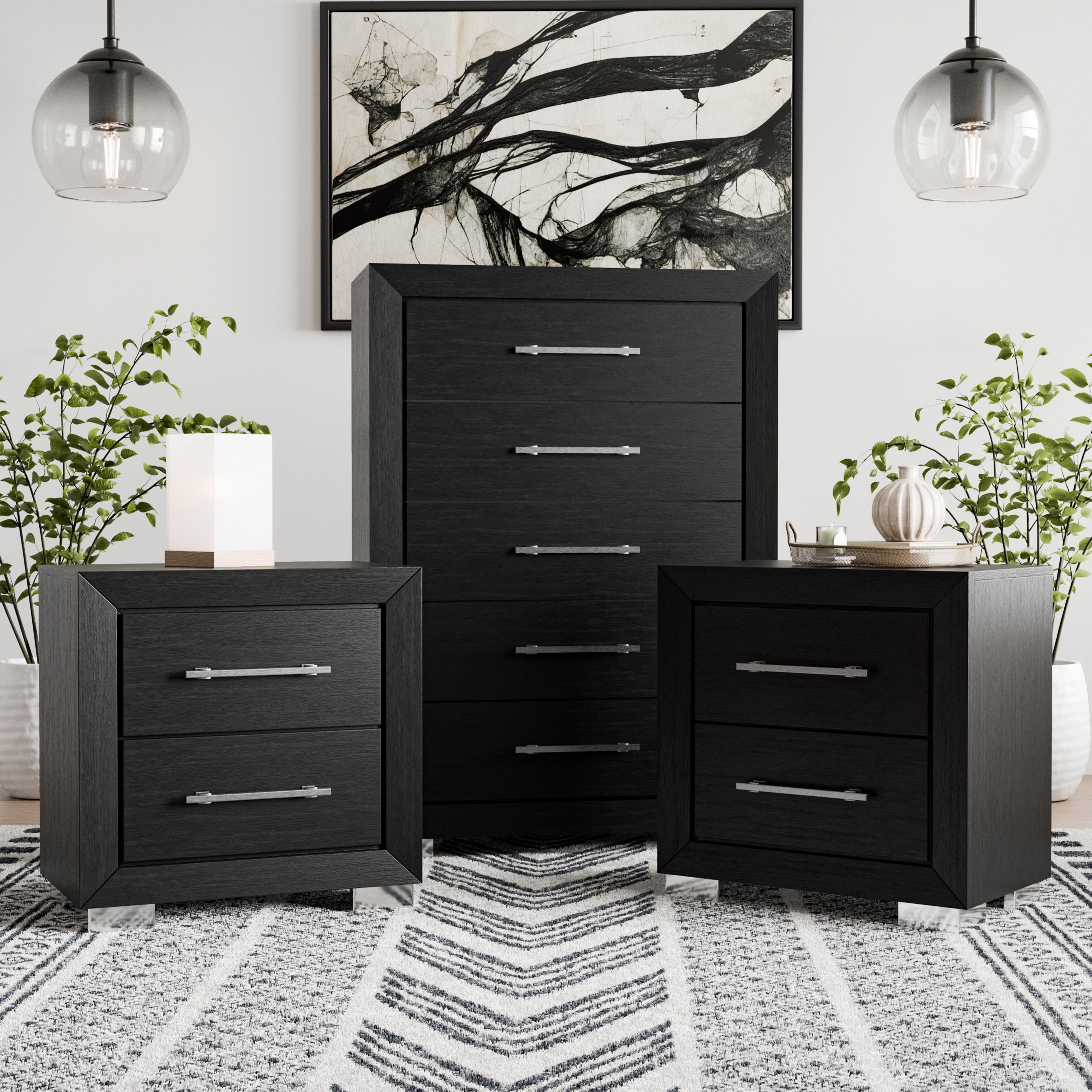 Furniture Of America Alaric Modern 3 Piece Black Wood Chest And 2 Nightstand Bedroom Set