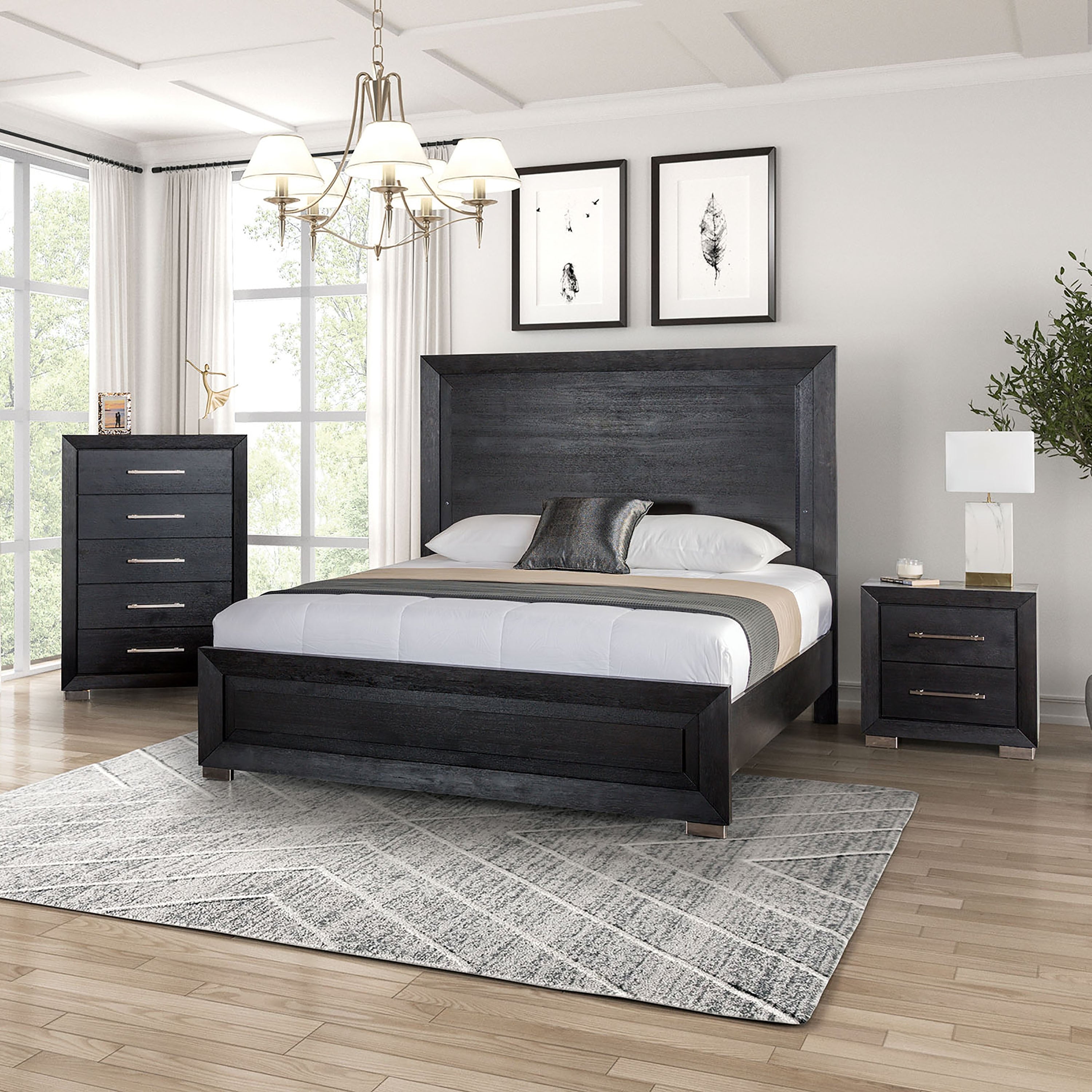 Furniture Of America Alaric Modern 3 Piece Black Wood Panel Bedroom Set With Led Headboard
