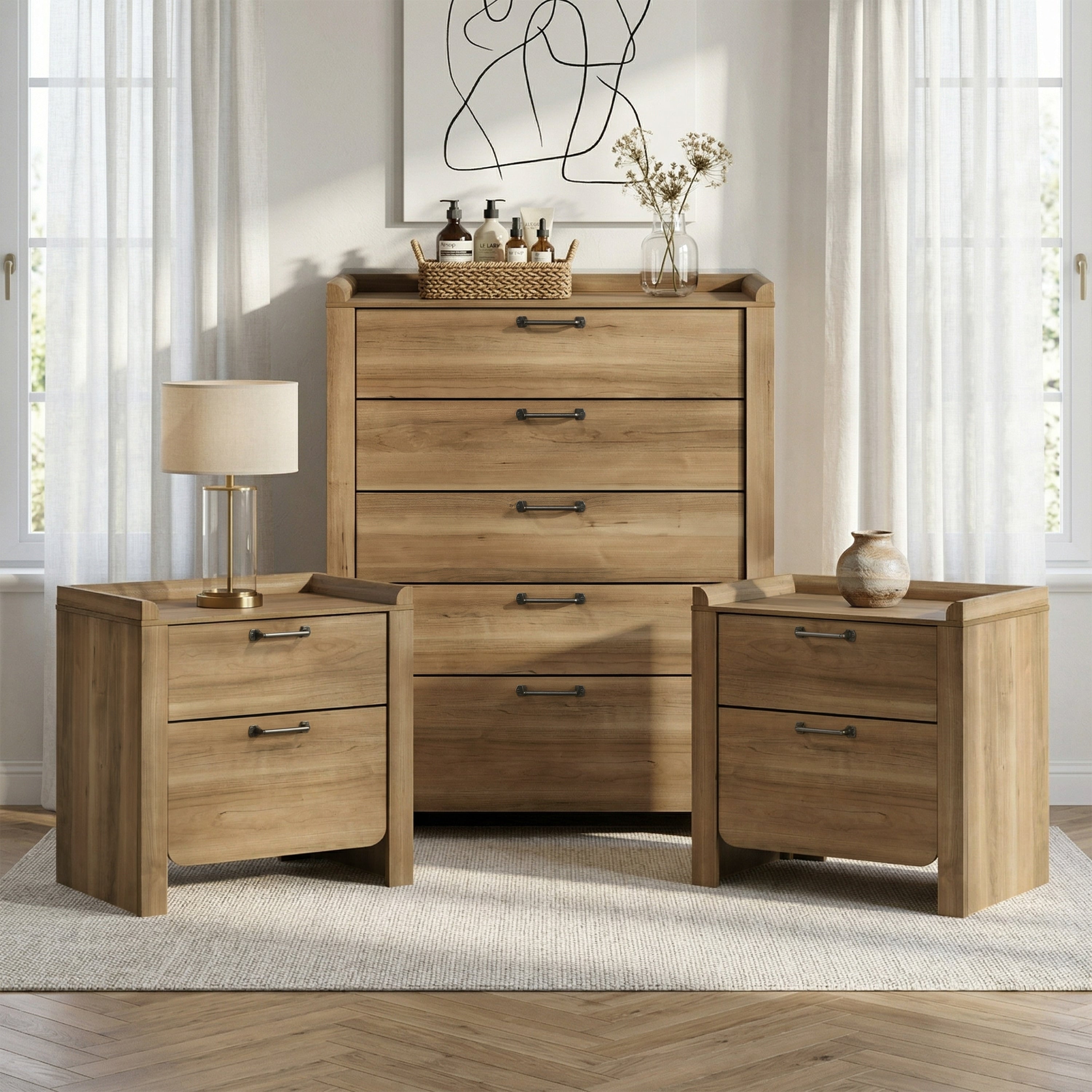 Furniture Of America Aluvo Modern 3 Piece Natural Solid Wood Chest And 2 Nightstands Bedroom Set