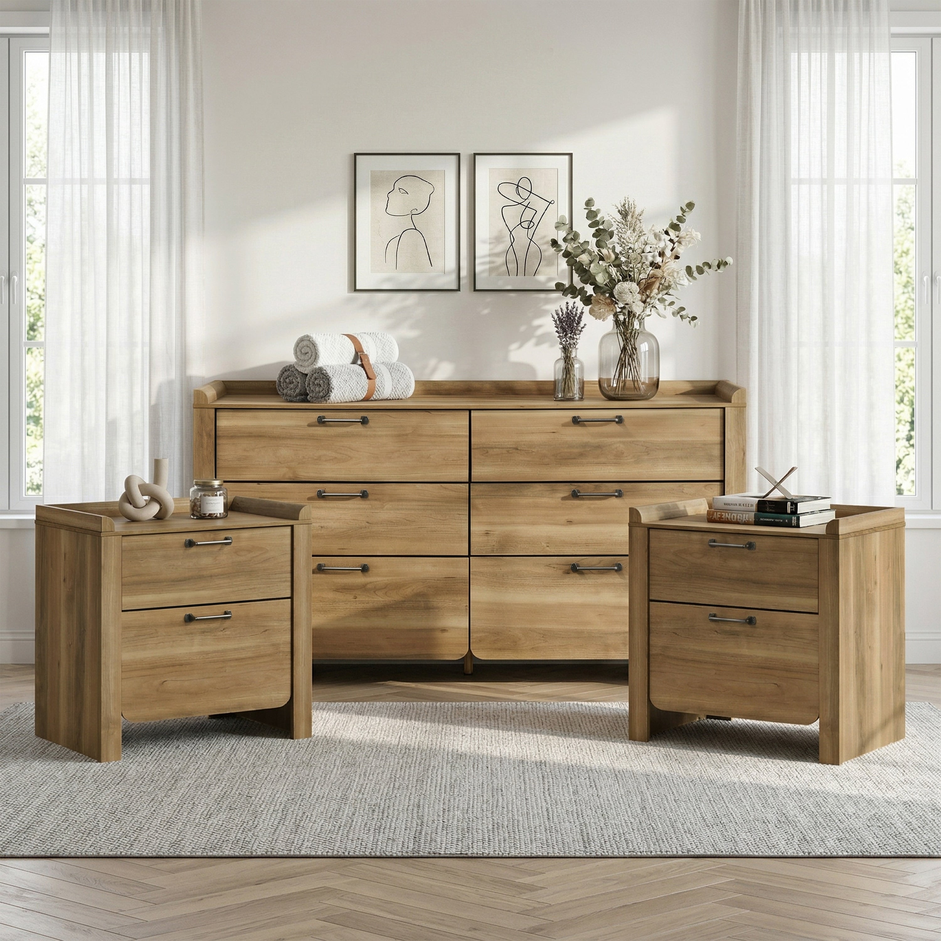 Furniture Of America Aluvo Modern 3 Piece Natural Solid Wood Dresser And 2 Nightstands Bedroom Set