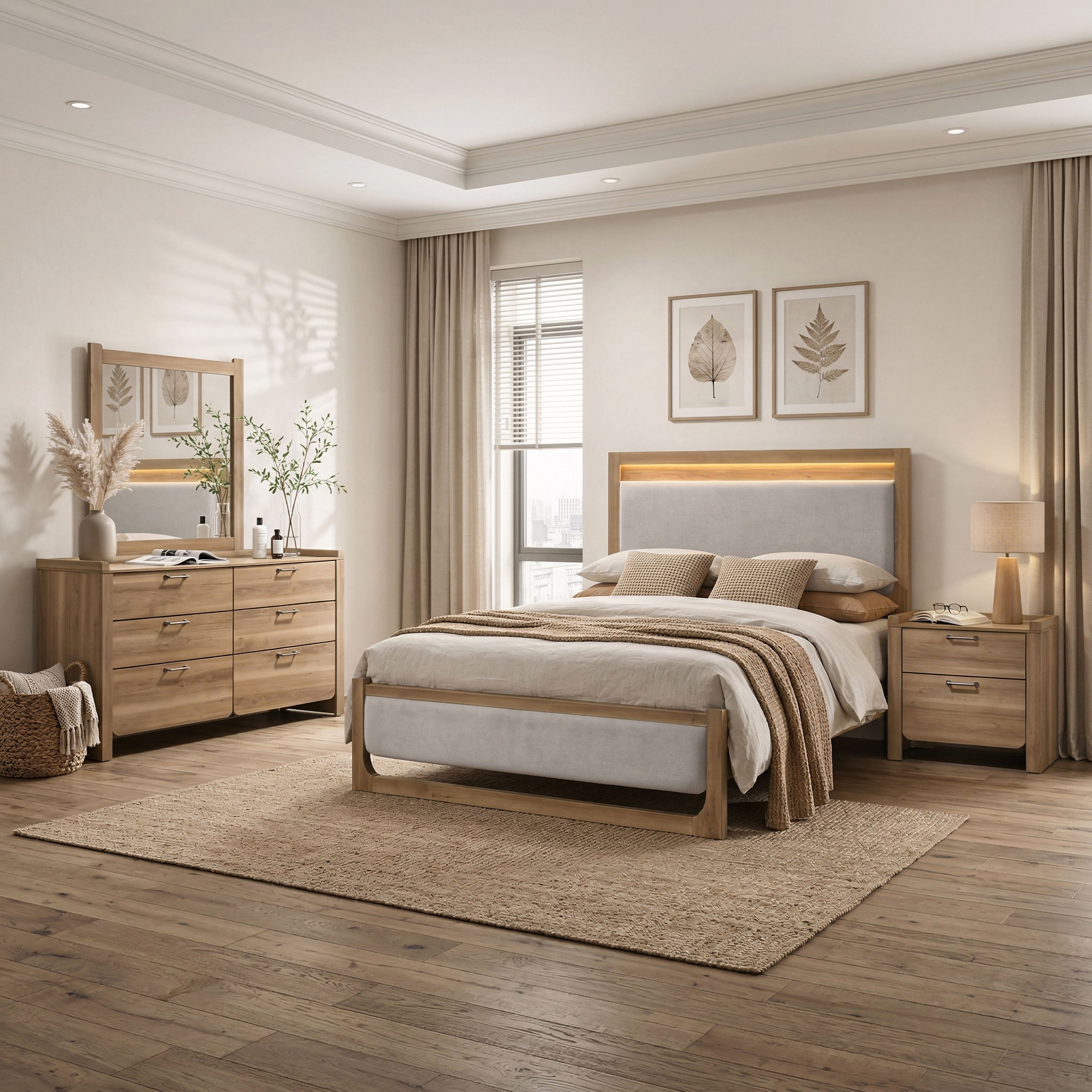 Furniture Of America Aluvo Modern 4 Piece Natural Solid Wood Bedroom Set With Dresser Mirror And Nightstand
