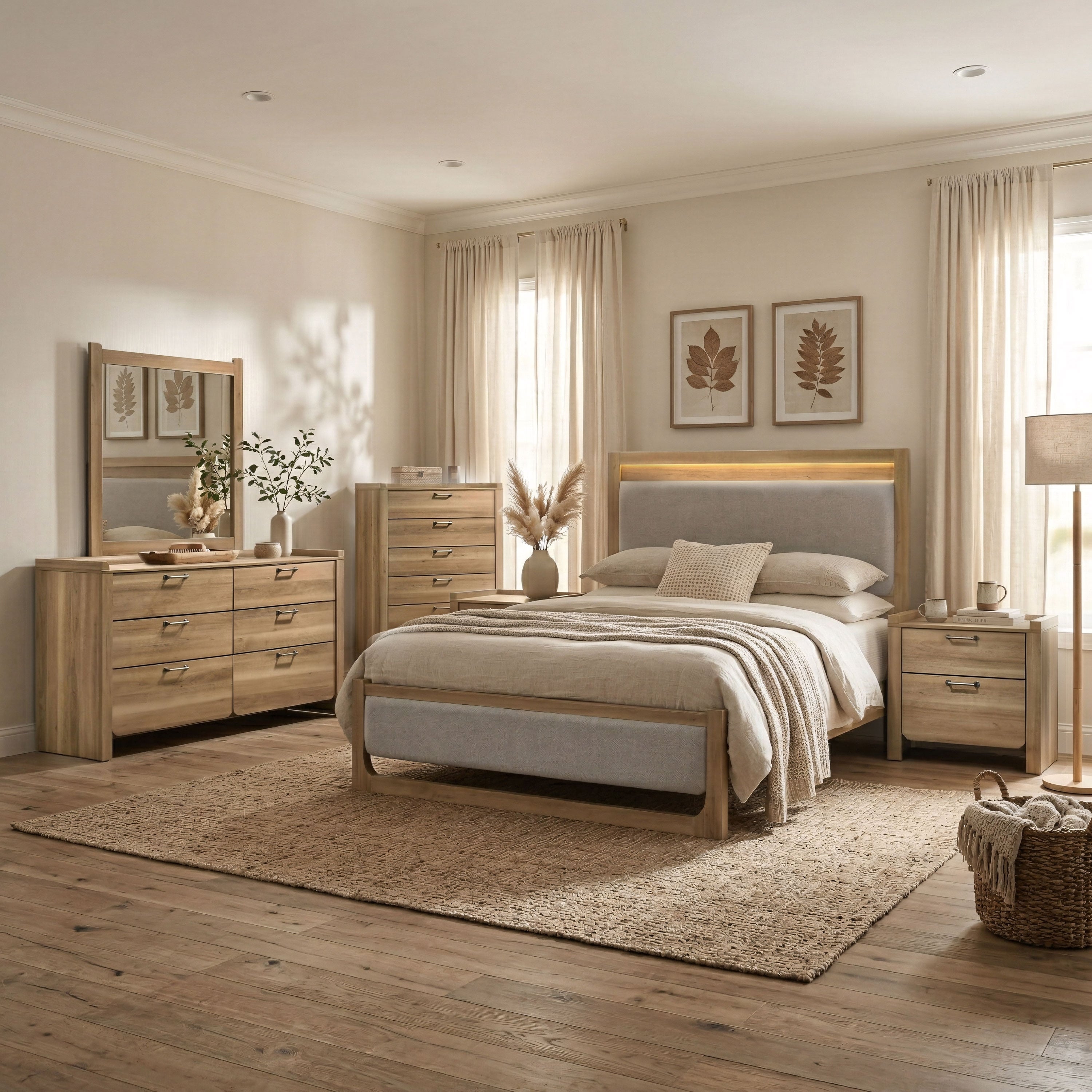 Furniture Of America Aluvo Modern 6 Piece Natural Solid Wood Bedroom Set With Dresser Mirror Chest And 2 Nightstands