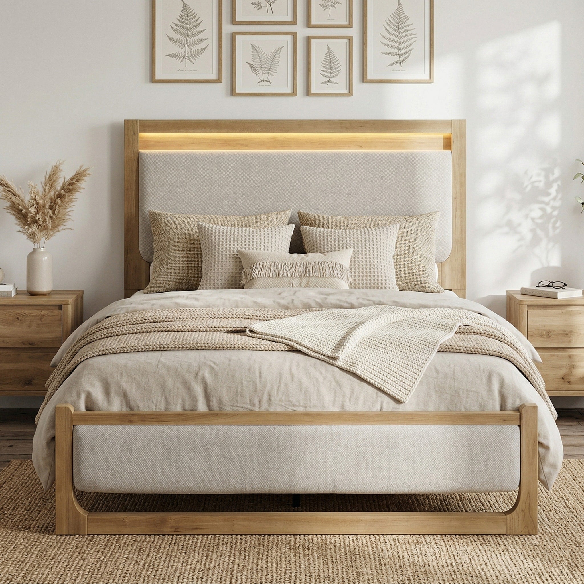 Furniture Of America Aluvo Modern Natural Solid Wood Upholstered Panel Bed With Led Headboard Lights