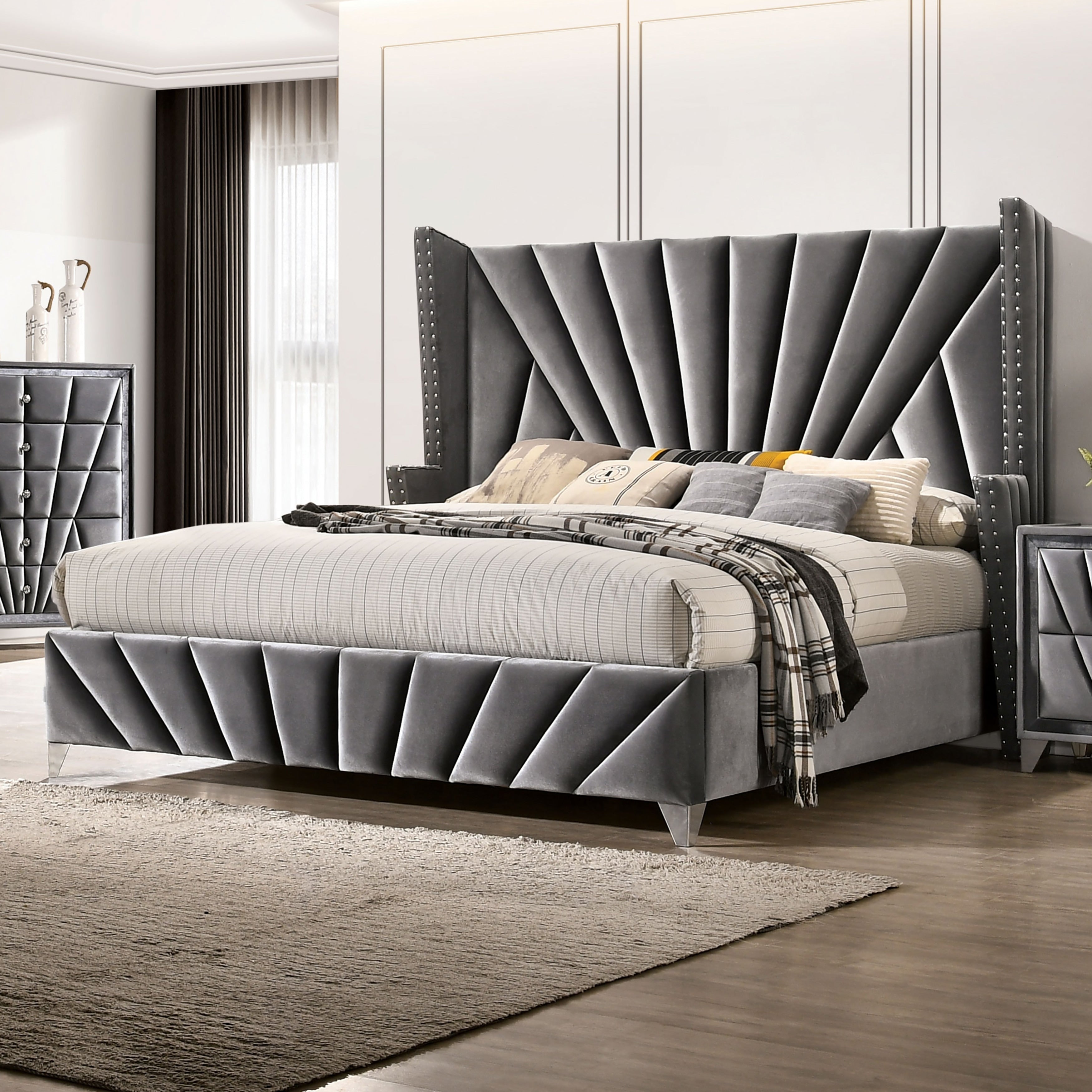 Furniture Of America Ambrosia Transitional Grey Upholstered Panel Bed