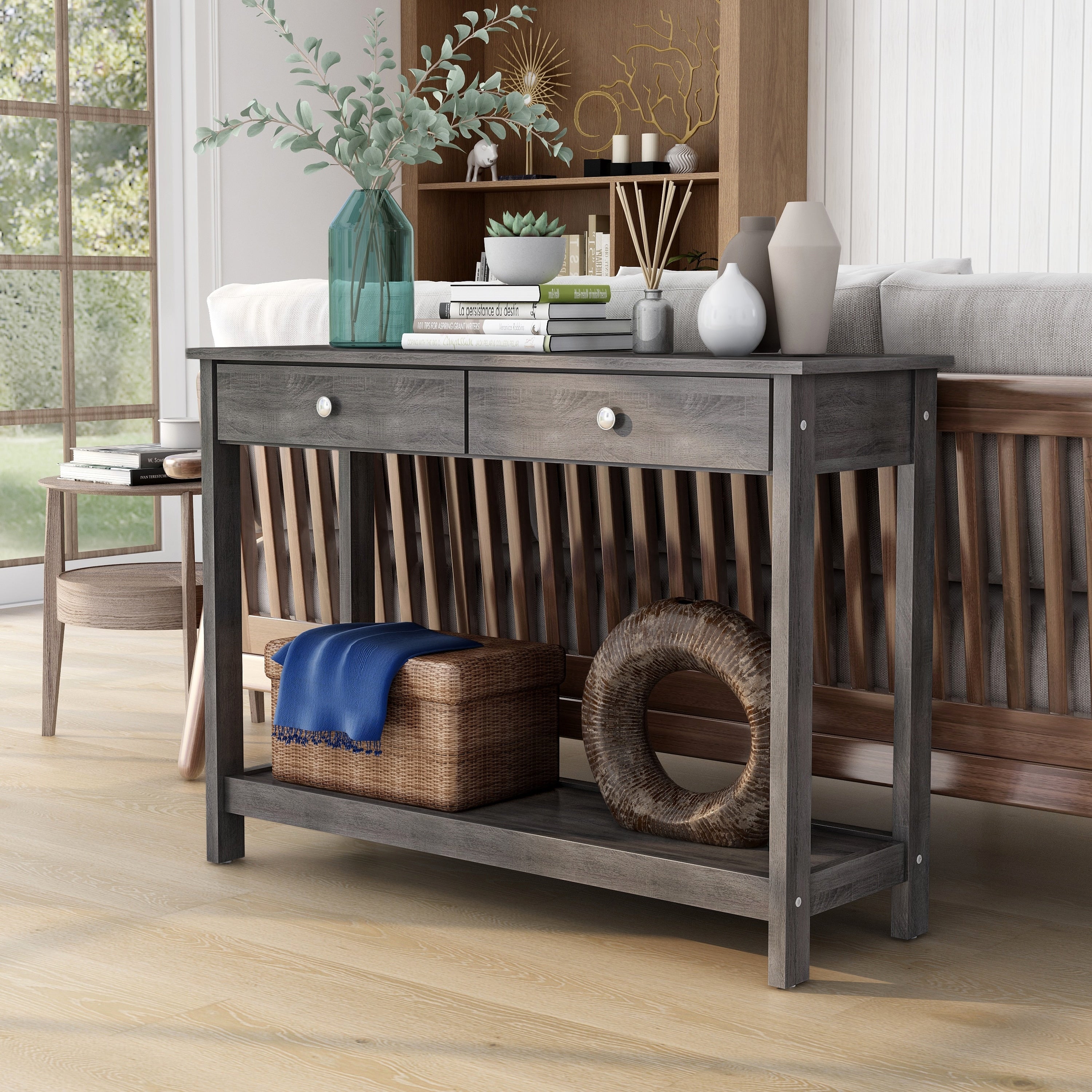 Furniture Of America Aranda Rustic Grey 2 Drawer Sofa Table.