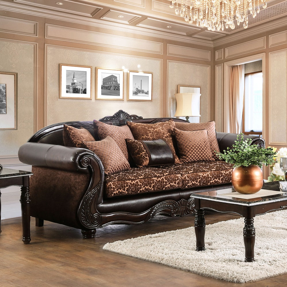 Furniture Of America Besser Traditional Chenille Fabric And Leather Brown Sofa