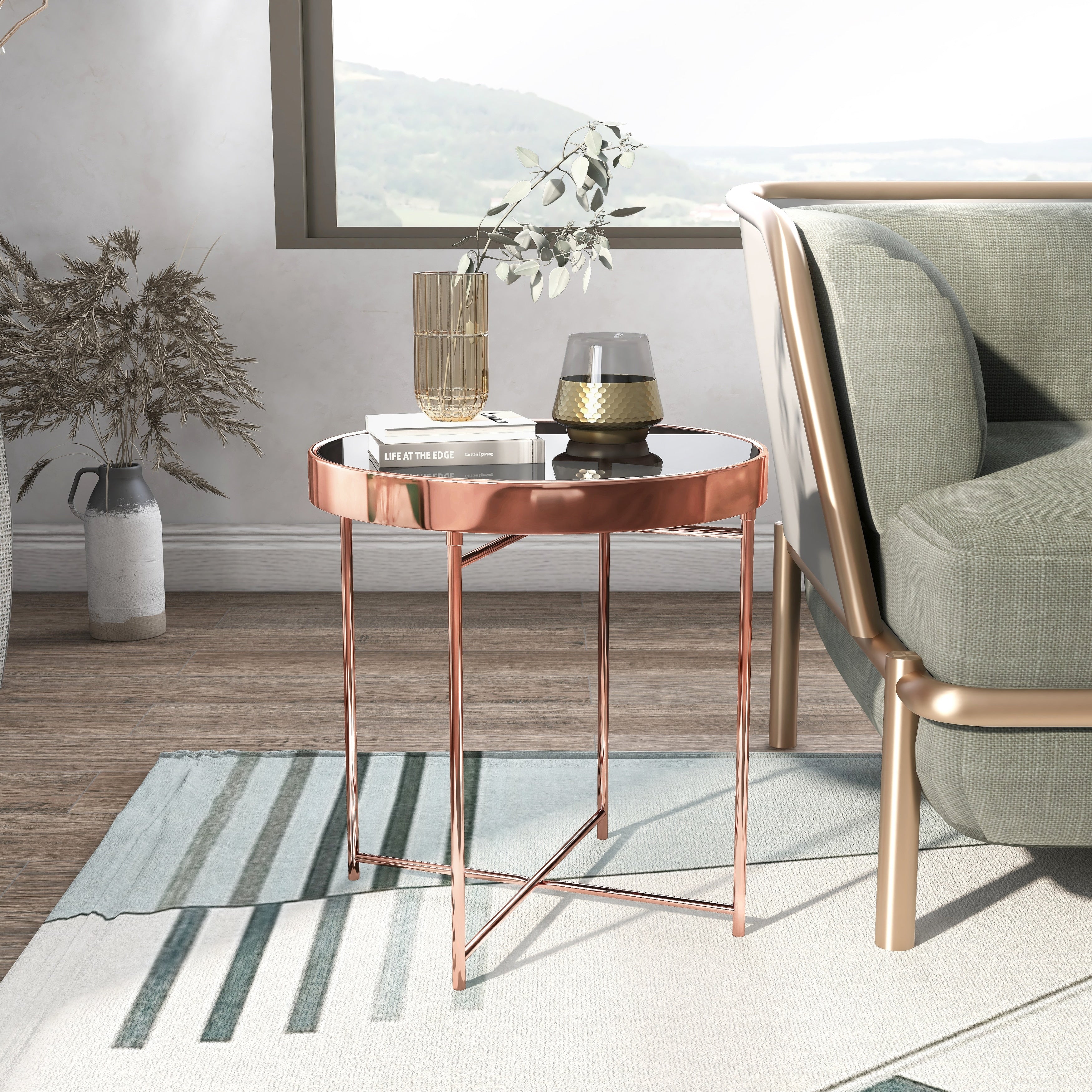 Furniture Of America Rosina Contemporary Mirrored Rose Gold And Black Round End Table