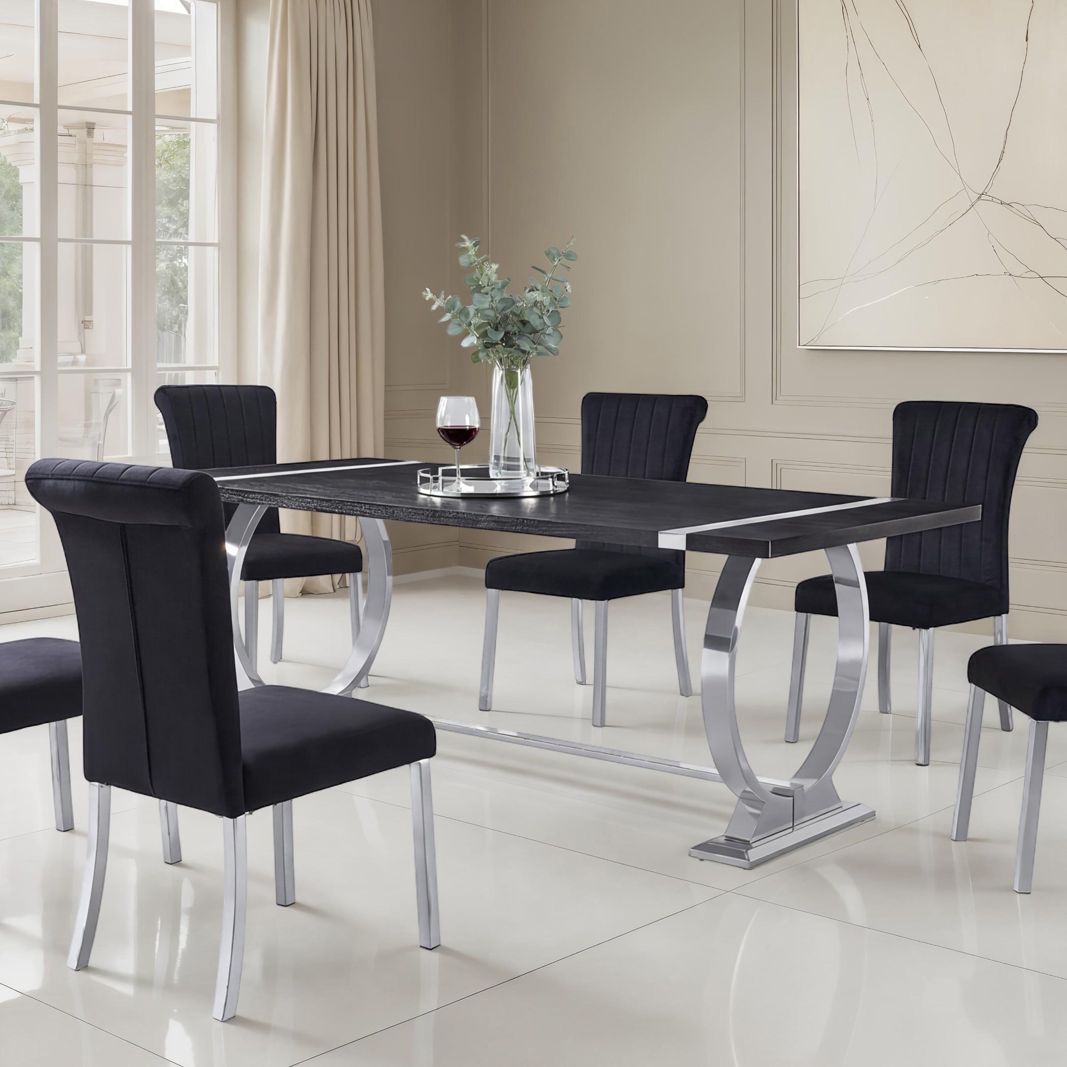 Furniture Of America Carra Glam 5 Piece Stainless Steel 80 Inch Upholstered Dining Table Set